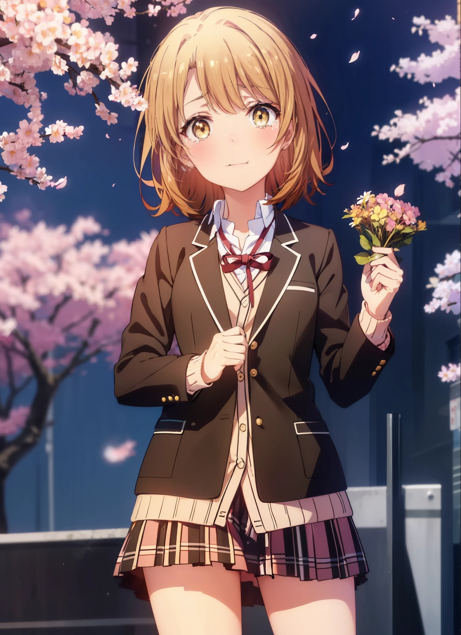 irohaisshiki, iroha isshiki, short hair, brown hair, (brown eyes:1.5), smile,blush,tears run down her face,Crying with joy,In his right hand he holds a bouquet containing many flowers.,left hand holds a barrel,Cherry blossoms are scattered,
break skirt, shirt, ribbon, school uniform, Jacket, white shirt, closed clothes, socks, open Jacket, black Jacket, plaid,, plaid skirt, blazer, cardigan, black socks, pink cardigan, sobu high school uniform,graduation ceremony,brown loafers,
break outdoors, In front of the school　Cherry blossom trees,
break looking at viewer,(cowboy shot:1. 5)
break (masterpiece:1.2), highest quality, High resolution, unity 8k wallpaper, (figure:0.8), (detailed and beautiful eyes:1.6), highly detailed face, perfect lighting, Very detailed CG, (perfect hands, perfect anatomy),