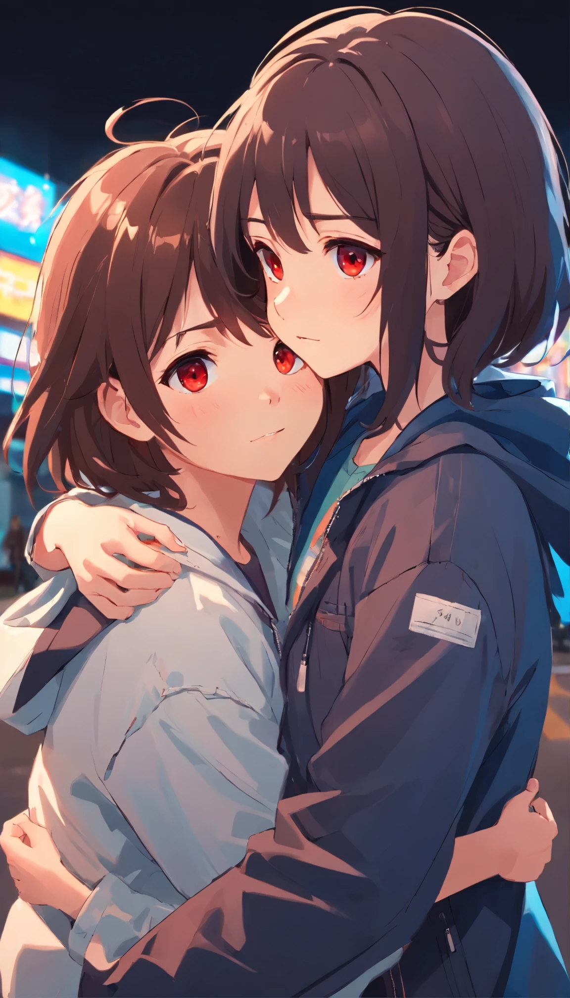 Two cute girls, same shirts and jackets, hugging, 8k, red eyes, dark brown hair, white texture skin, detailed face