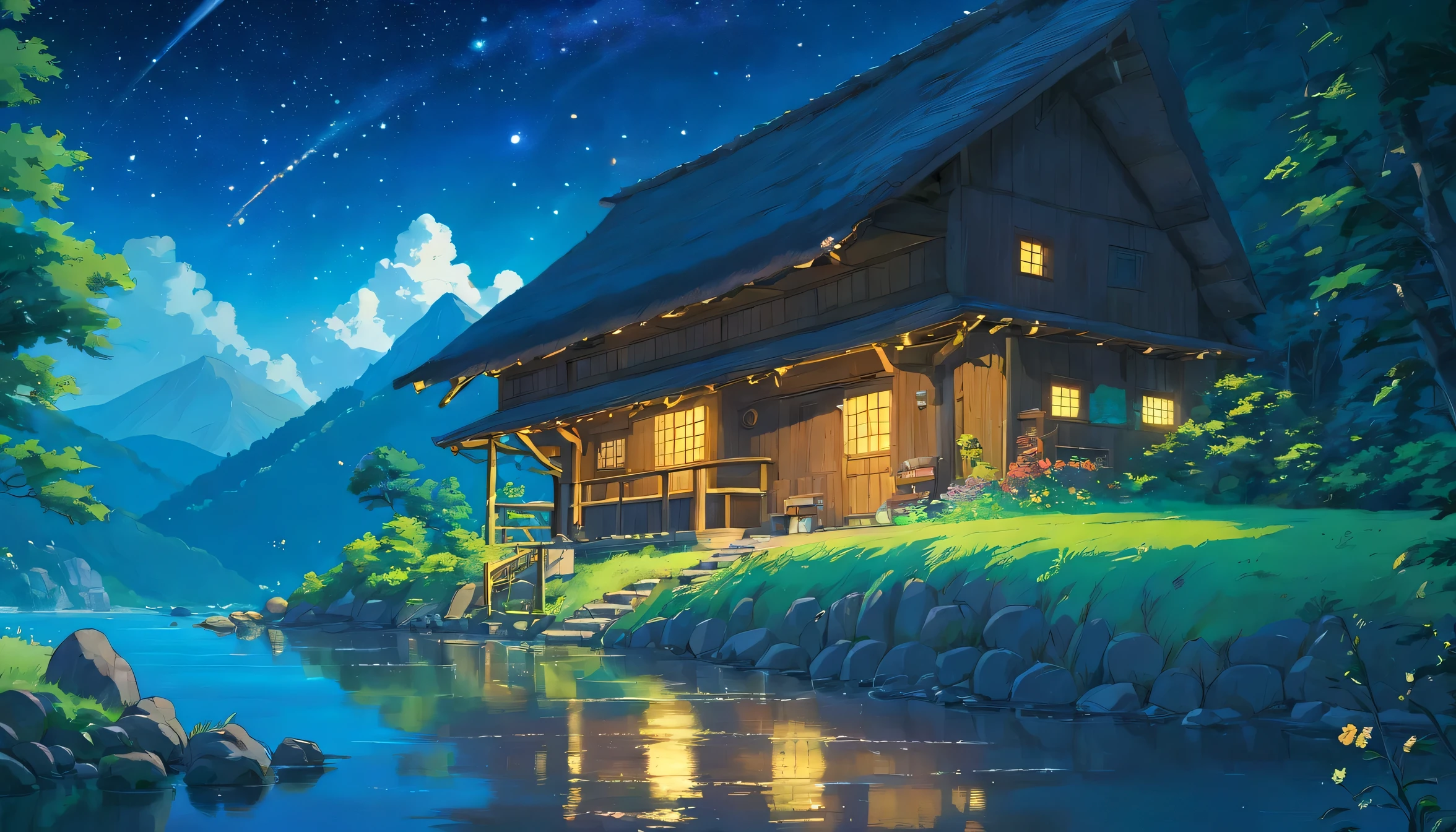 In the infinite universe, Starry sky shrouded in pitch black darkness, A special story spun by sparkling meteors. There is a mountain hut、There are small river valleys around,There is a fawn、Fireflies appear,hyper hd