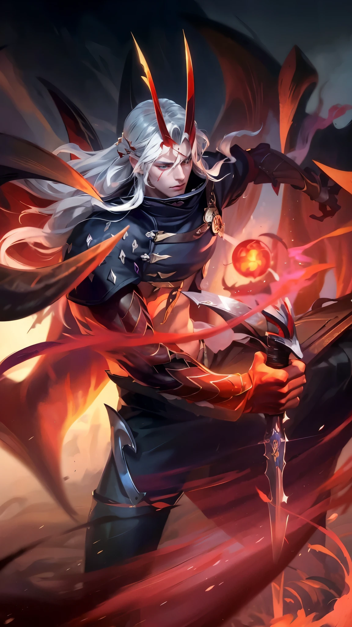 a close up of a person holding a sword and a fire, onmyoji detailed art, onmyoji, mobile wallpaper, beautiful male god of death, heise jinyao, by Yang J, legendary god holding spear, sylas, rossdraws sakimimichan, alucard, onmyoji portrait, keqing from genshin impact, white haired deity, Best quality, masterpiece, detailed skin texture, detailed clothes texture, detailed face, super detail, 8k, intricate detail, 1 boy, The color doesn't change, Muscle guy, 1 guy, red eyes.