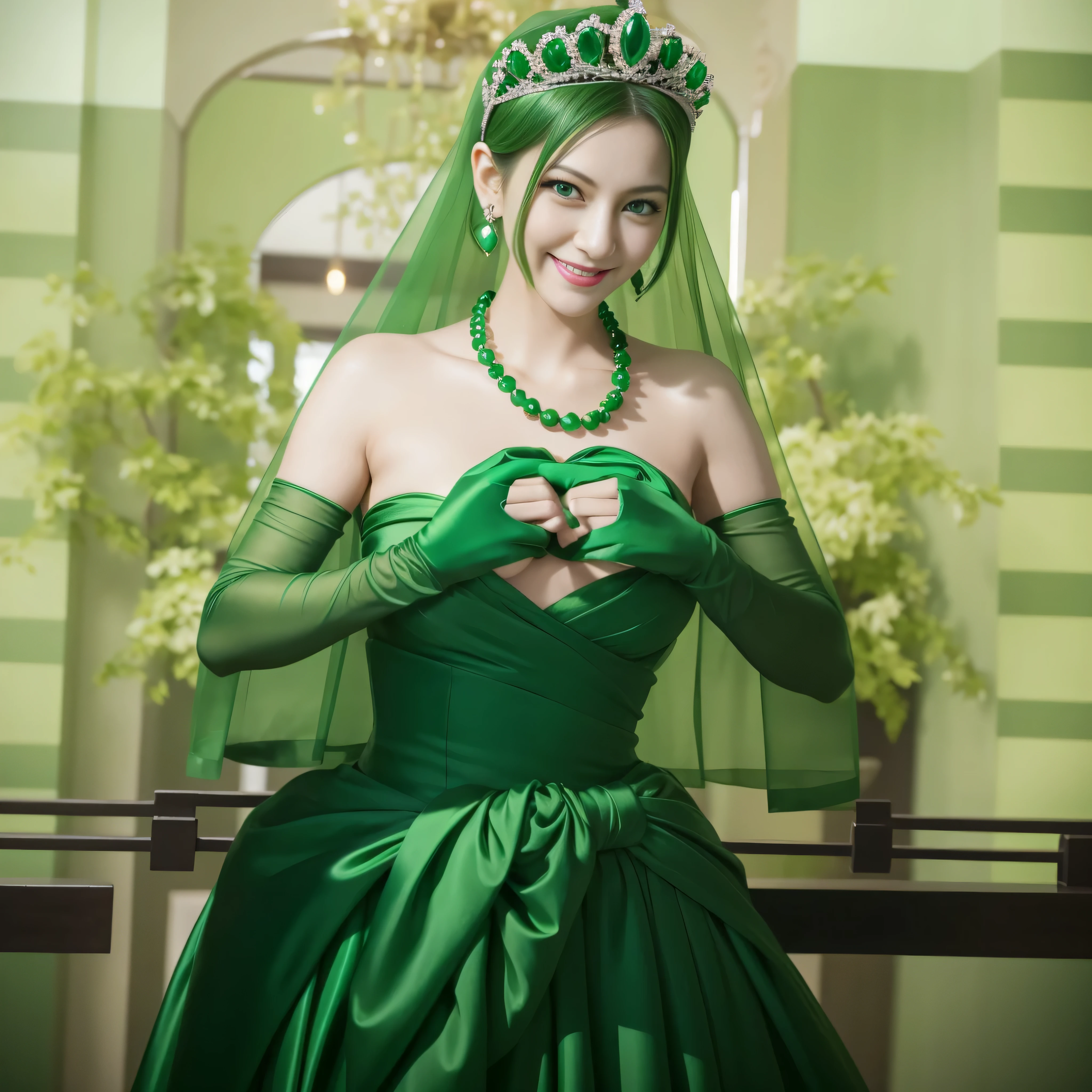 emerald tiara, Green Pearl Necklace, Boyish green berry short hair, lipstick, smiling Japanese woman, very short hair, big breasts beautiful, green eyes, green satin long gloves, green eyes, v sign, emerald earrings, Green veil, green lip gloss