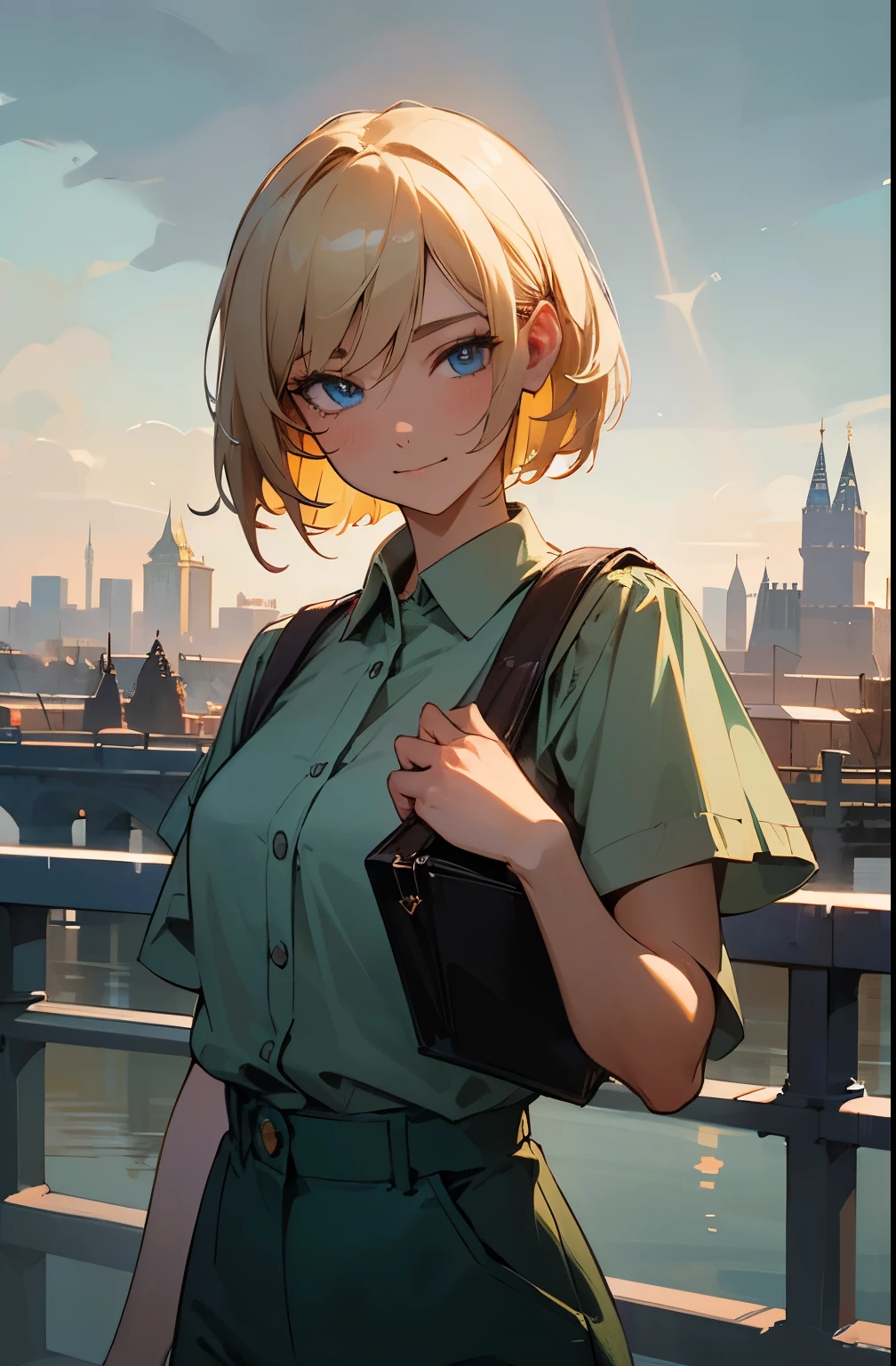 Masterpiece, Best Quality, extremly detailed, Cinematic lighting, intricate detials, hight resolution, official arts, finely detailed beautiful face and eyes, high-resolution illustration, 8K, dark intense shadows, 1girl, ash-blond hair, bob hair, blue eyes, pilotka, side cap, light green short-sleeved shirt, dark green trousers, smile, closed mouth, contract in hand, winter, bridge, gray sky, sun rays, Moscow on the background
