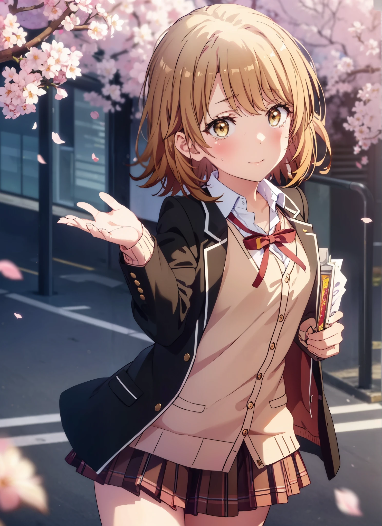irohaisshiki, iroha isshiki, short hair, brown hair, (brown eyes:1.5), smile,blush,tears run down her face,Crying with joy,holding a bouquet with both hands,Cherry blossoms are scattered,
break skirt, shirt, ribbon, school uniform, Jacket, white shirt, closed clothes, socks, open Jacket, black Jacket, plaid,, plaid skirt, blazer, cardigan, black socks, pink cardigan, sobu high school uniform,graduation ceremony,brown loafers,
break outdoors, In front of the school Cherry blossom trees,
break looking at viewer,(cowboy shot:1. 5)
break (masterpiece:1.2), highest quality, High resolution, unity 8k wallpaper, (figure:0.8), (detailed and beautiful eyes:1.6), highly detailed face, perfect lighting, Very detailed CG, (perfect hands, perfect anatomy),