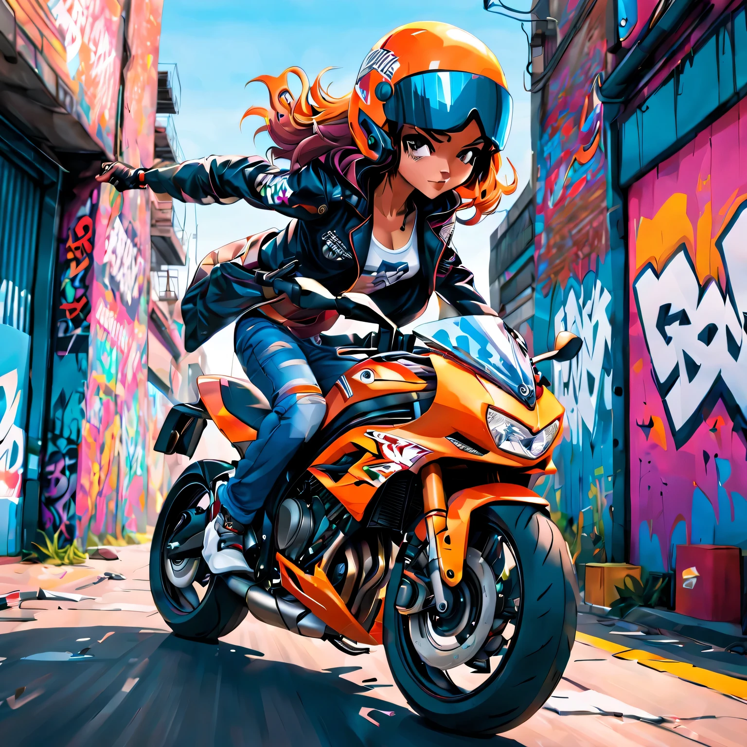 Graffiti,comics,girl,motorcycle,Urban,Street art,bright colors,Action packed,detailed characters,complex lines,spray paint,motion blur,expressive face,Stylish clothing,gritty atmosphere,cityscape background,Graffiti tags,Graffiti artists,Impatient,Full of energy,high contrast,Graffiti style lettering,dynamic angle,cool pose,futuristic elements,neon lights,Fast-paced,adrenaline,Urban lifestyle,Graffiti-covered walls,Bold design,skilled artist,Urban exploration,tough texture,comics美学,Urban rebellion,Roof view,speed,graphic novel atmosphere,Stylish helmet,customized motorcycle,creative expression