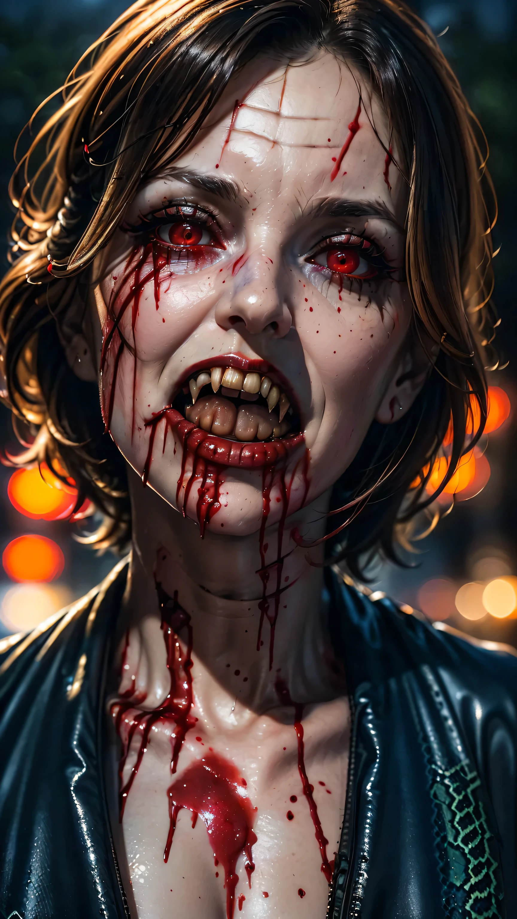 close up of face、(ultra-detailed)、Ultra-realistic movie master pie with ultra-detailed primetime portraits, 最high quality, 8K, table top, Ultra HD, 1 girl 22 years old、fashion supermodel, blonde curly hair、最high quality, high quality, High resolution、((a terrifying vampire, hunting in the dark at night:1.4)), (((a lot of blood, flowing out of her mouth down her face:1.7))), ((((mouth inhumanly wide open, a snake's tongue sticking out of the mouth:1.74))), ((beautiful vampir, sensual)), ((two long teeth like Dracula's:1.4)). (((dressed in a very elaborate, medieval Vampira outfit))), real:1.65、photorealistic:1.65、 very delicate and beautiful、(smoother lighting:1.05), (increase cinematic lighting quality:0.6), realistic lighting, backlighting, light on face, ((masterpiece:1.3)), ((absurdres))、((sharp fous))、(beautiful face:1.45)、(detailed face:1.4)、(detailed eyes:1.35)、(detailed lips:1.2)、(Detailed nose:1.2)、((light dark short hair、extremely detailed, professionally made hairstyles))、 ((red_eyeshadows:1.5))、 (dark red_lipstick:1.42)、((perfect round eyes))、 ((red_eyes:1.4))、 (black_makeup:1.45)、(Increase quality:1.4), (best quality real texture skin:1.4),