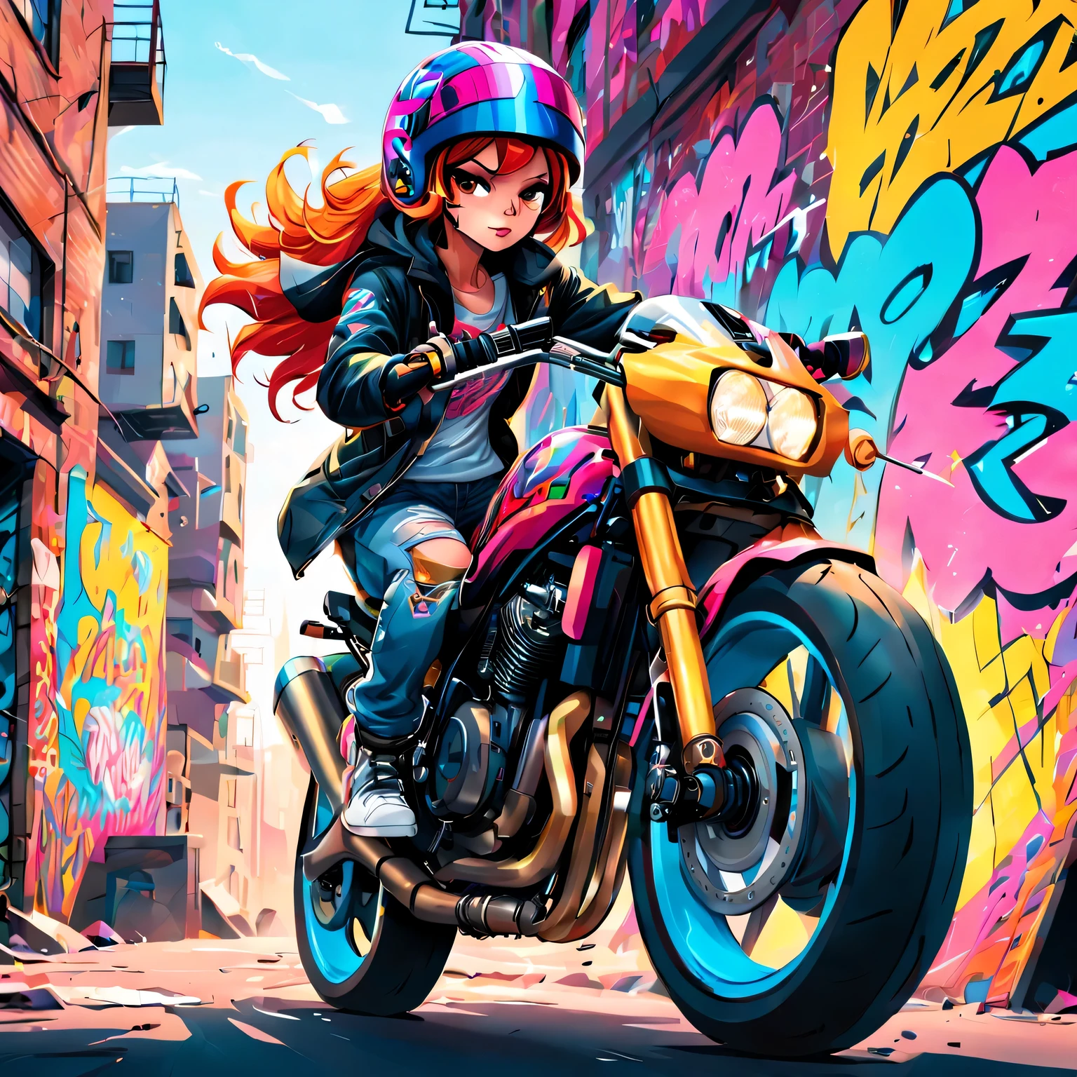 Graffiti,comics,girl,motorcycle,Urban,Street art,bright colors,Action packed,detailed characters,complex lines,spray paint,motion blur,expressive face,Stylish clothing,gritty atmosphere,cityscape background,Graffiti tags,Graffiti artists,Impatient,Full of energy,high contrast,Graffiti style lettering,dynamic angle,cool pose,futuristic elements,neon lights,Fast-paced,adrenaline,Urban lifestyle,Graffiti-covered walls,Bold design,skilled artist,Urban exploration,tough texture,comics美学,Urban rebellion,Roof view,speed,graphic novel atmosphere,Stylish helmet,customized motorcycle,creative expression