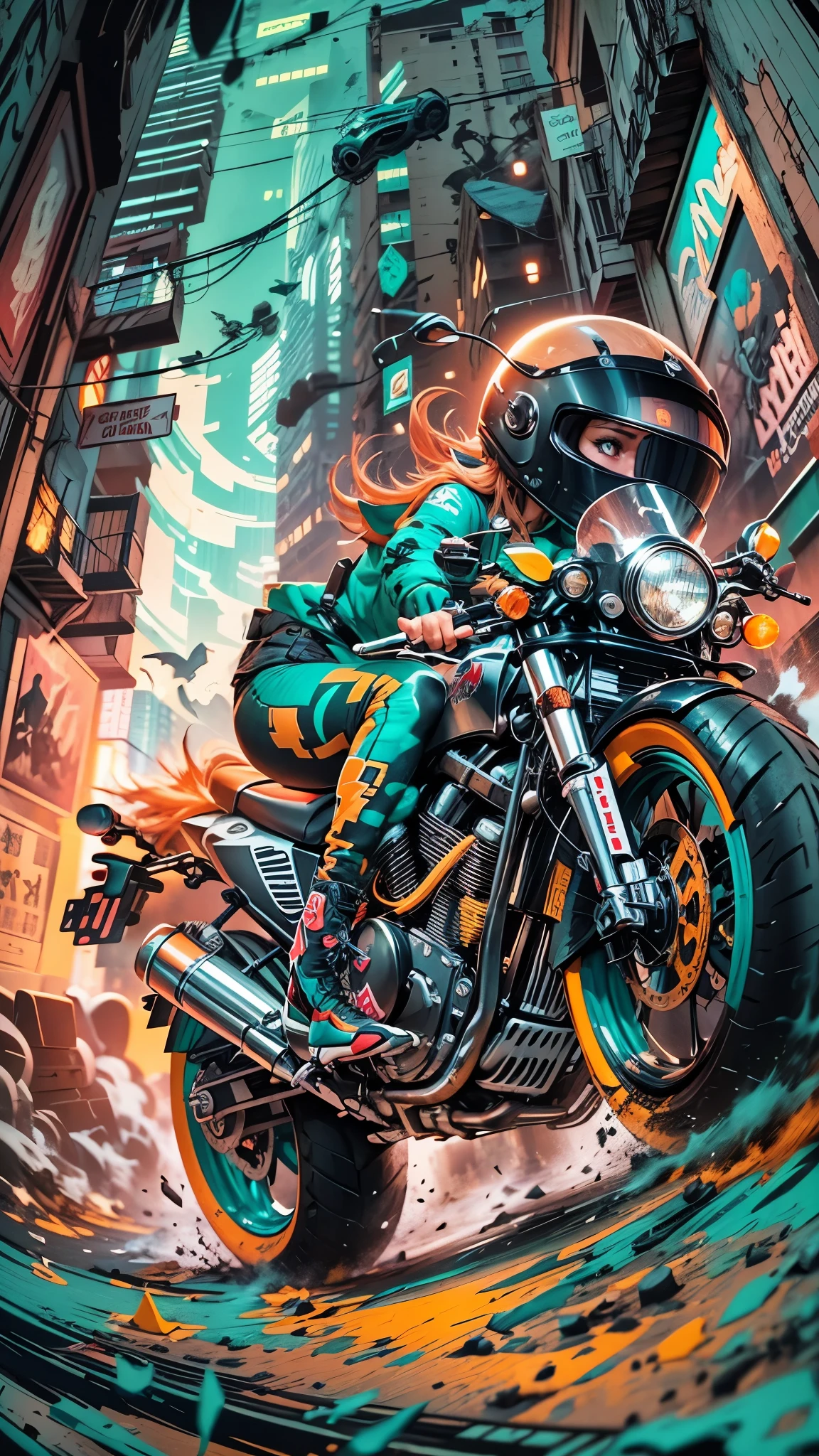 Graffiti,comics,girl,motorcycle,Urban,Street art,bright colors,Action packed,detailed characters,complex lines,spray paint,motion blur,expressive face,Stylish clothing,gritty atmosphere,cityscape background,Graffiti tags,Graffiti artists,Impatient,Full of energy,high contrast,Graffiti style lettering,dynamic angle,cool pose,futuristic elements,neon lights,Fast-paced,adrenaline,Urban lifestyle,Graffiti-covered walls,Bold design,skilled artist,Urban exploration,tough texture,comics美学,Urban rebellion,Roof view,speed,graphic novel atmosphere,Stylish helmet,customized motorcycle,creative expression