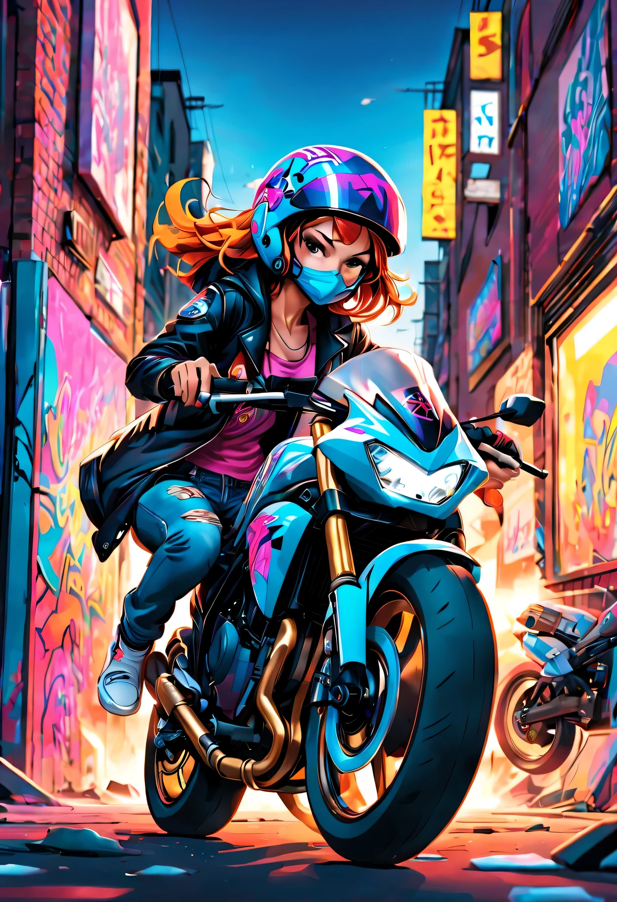 Graffiti,comics,girl,motorcycle,Urban,Street art,bright colors,Action packed,detailed characters,complex lines,spray paint,motion blur,expressive face,Stylish clothing,gritty atmosphere,cityscape background,Graffiti tags,Graffiti artists,Impatient,Full of energy,high contrast,Graffiti style lettering,dynamic angle,cool pose,futuristic elements,neon lights,Fast-paced,adrenaline,Urban lifestyle,Graffiti-covered walls,Bold design,skilled artist,Urban exploration,tough texture,comics美学,Urban rebellion,Roof view,speed,graphic novel atmosphere,Stylish helmet,customized motorcycle,creative expression