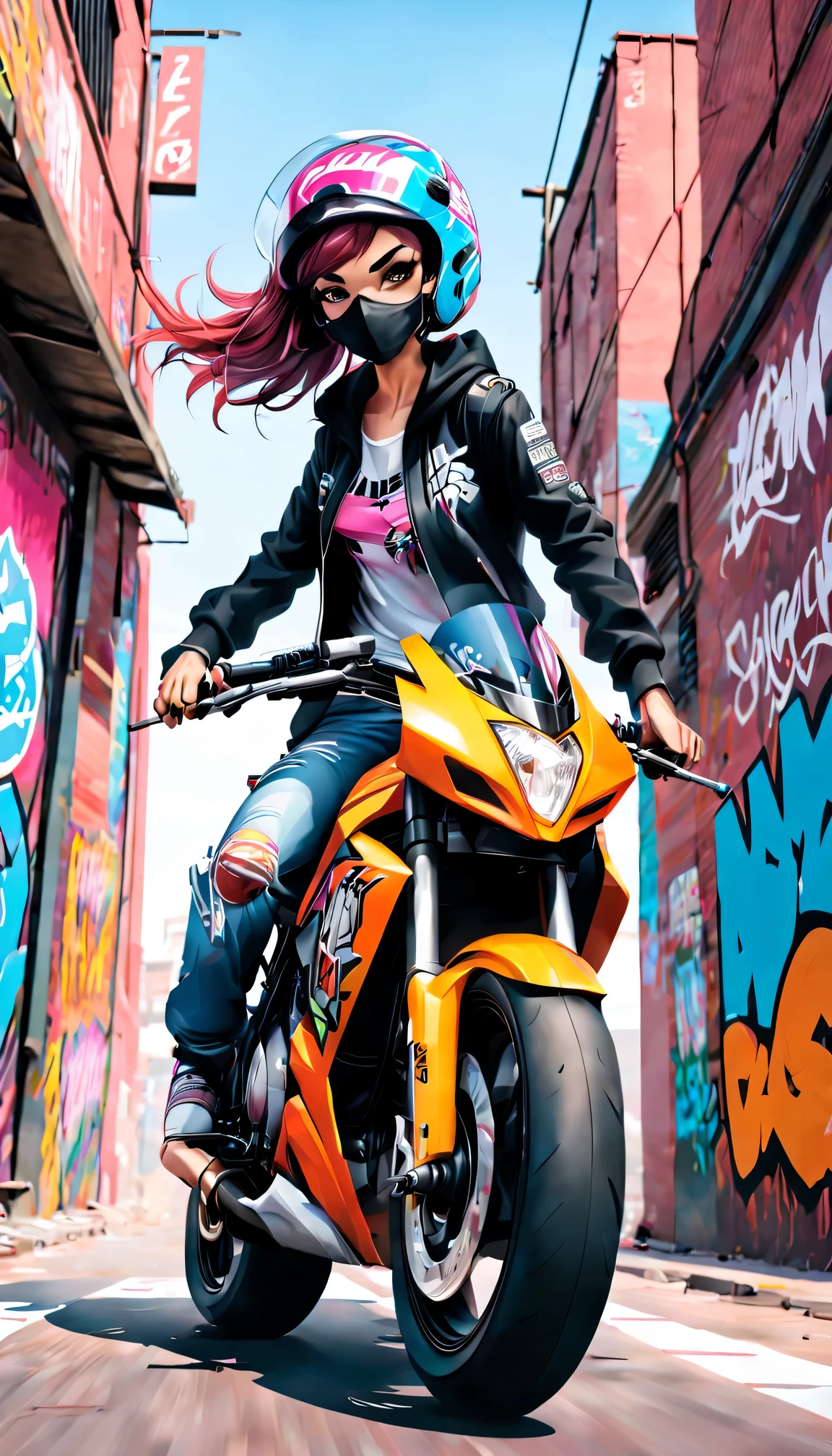Graffiti,comics,girl,motorcycle,Urban,Street art,bright colors,Action packed,detailed characters,complex lines,spray paint,motion blur,expressive face,Stylish clothing,gritty atmosphere,cityscape background,Graffiti tags,Graffiti artists,Impatient,Full of energy,high contrast,Graffiti style lettering,dynamic angle,cool pose,futuristic elements,neon lights,Fast-paced,adrenaline,Urban lifestyle,Graffiti-covered walls,Bold design,skilled artist,Urban exploration,tough texture,comics美学,Urban rebellion,Roof view,speed,graphic novel atmosphere,Stylish helmet,customized motorcycle,creative expression