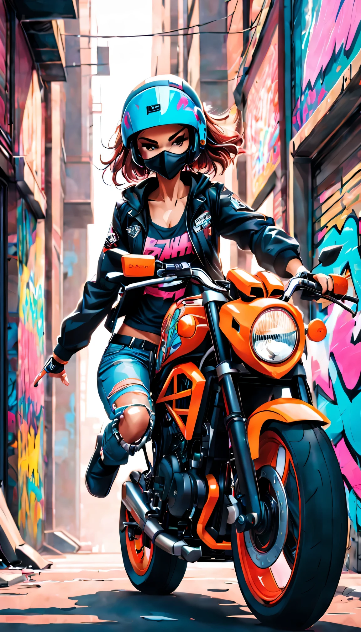 Graffiti,comics,girl,motorcycle,Urban,Street art,bright colors,Action packed,detailed characters,complex lines,spray paint,motion blur,expressive face,Stylish clothing,gritty atmosphere,cityscape background,Graffiti tags,Graffiti artists,Impatient,Full of energy,high contrast,Graffiti style lettering,dynamic angle,cool pose,futuristic elements,neon lights,Fast-paced,adrenaline,Urban lifestyle,Graffiti-covered walls,Bold design,skilled artist,Urban exploration,tough texture,comics美学,Urban rebellion,Roof view,speed,graphic novel atmosphere,Stylish helmet,customized motorcycle,creative expression