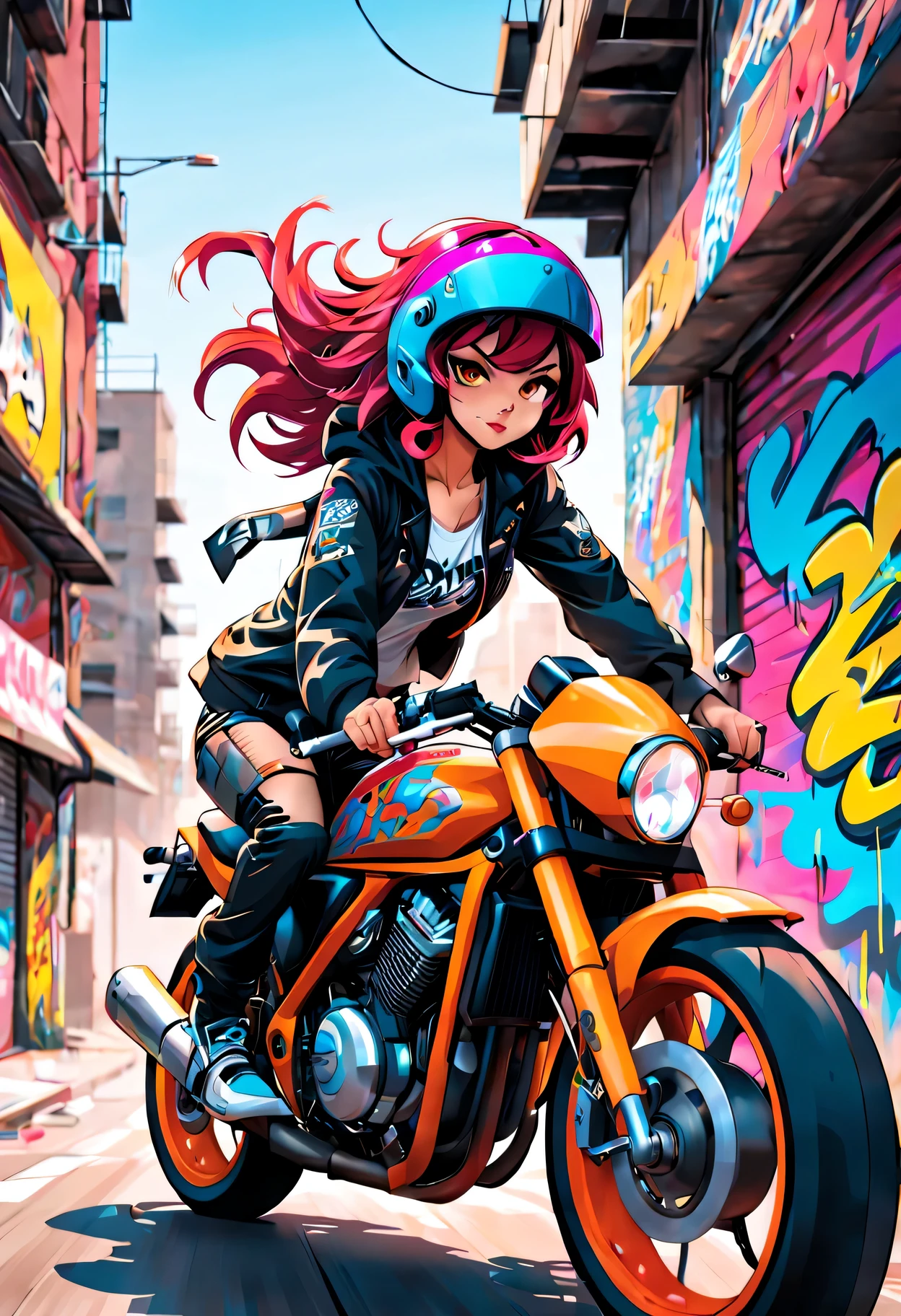 Graffiti,comics,girl,motorcycle,Urban,Street art,bright colors,Action packed,detailed characters,complex lines,spray paint,motion blur,expressive face,Stylish clothing,gritty atmosphere,cityscape background,Graffiti tags,Graffiti artists,Impatient,Full of energy,high contrast,Graffiti style lettering,dynamic angle,cool pose,futuristic elements,neon lights,Fast-paced,adrenaline,Urban lifestyle,Graffiti-covered walls,Bold design,skilled artist,Urban exploration,tough texture,comics美学,Urban rebellion,Roof view,speed,graphic novel atmosphere,Stylish helmet,customized motorcycle,creative expression