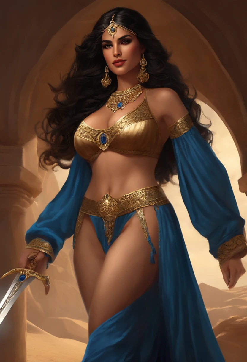 masterpiece, top quality, best quality, official art, beautiful and aesthetic, long wavy black hair, tanned skin, extremely detailed, portrait, looking at viewer, solo, , detailed background, close up, mischievous eyes, Persian duelist woman, dark makeup, smirk, mysterious, walking in desert, revealing blue and gold and sapphire Arabian harem girl attire, see through clothes, sheer fabric, poofy blue pants, tight tube top, jewelry, armlets, elaborate necklaces, blue fabric, gold jewelry, precious stones, scimitar, curved sword, ((((gigantic breasts, cleavage, skindentation)))), slim waist, slim hips, long legs, ancient background, dark mysterious lighting, shadows, magical atmosphere.