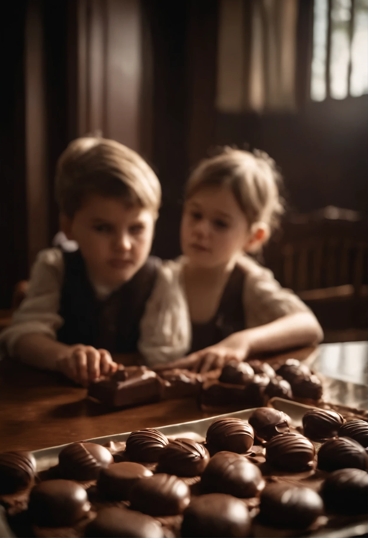 Show me 2 children fighting for a chocolate