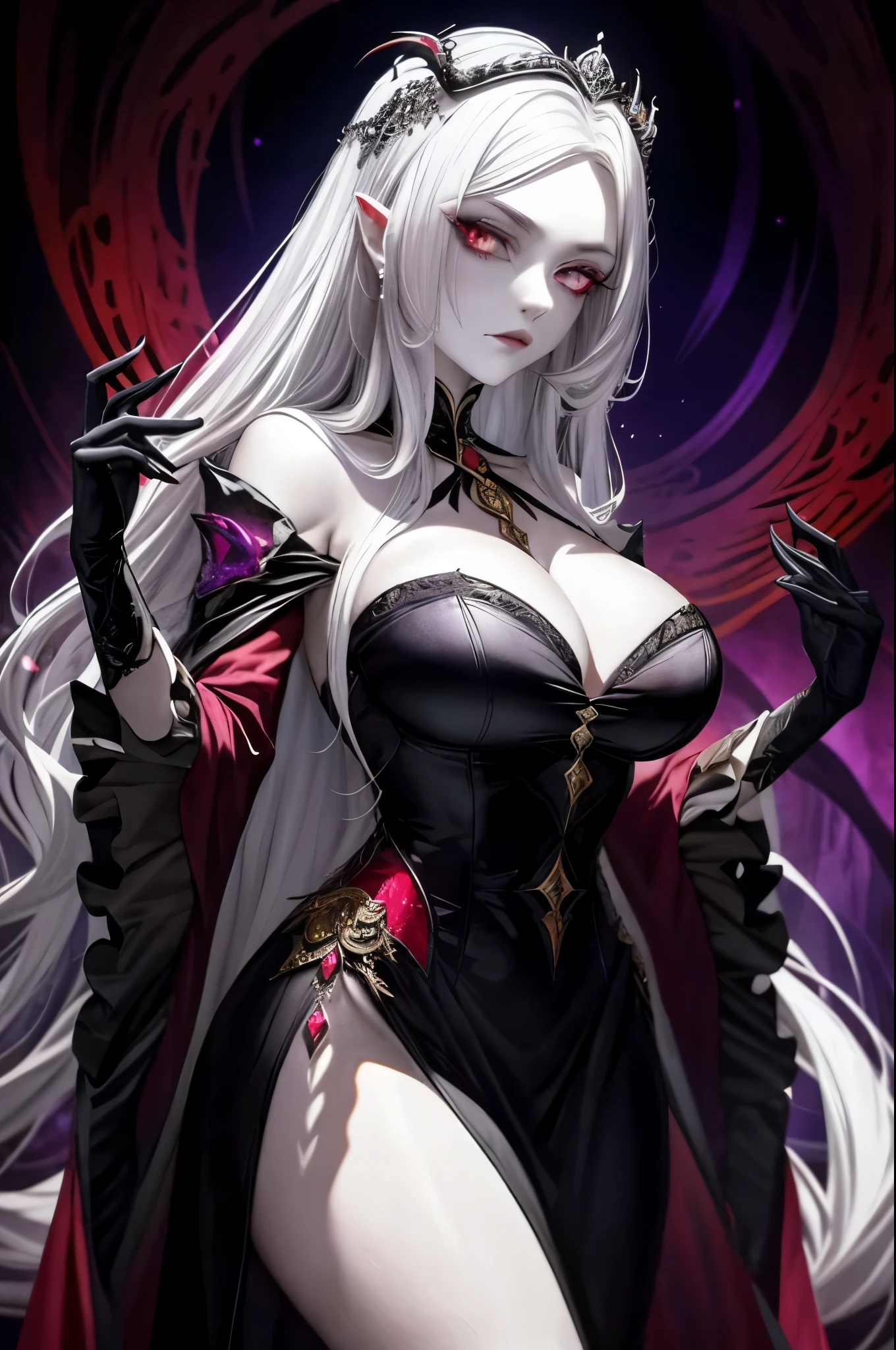 The enchanting vampire queen dons a regal, dark robe adorned with intricate, glowing patterns that seem to pulse with an otherworldly energy. Her long, soft white hair cascades down her back in gentle curls, framing her flawless, pale complexion. Her captivating, fiery red eyes gleam with an eerie power and a hint of seduction, drawing the viewer in. The juxtaposition of her regal appearance and the ominous aura of her vampiric nature creates a captivating and realistic depiction of an ethereal monarch.