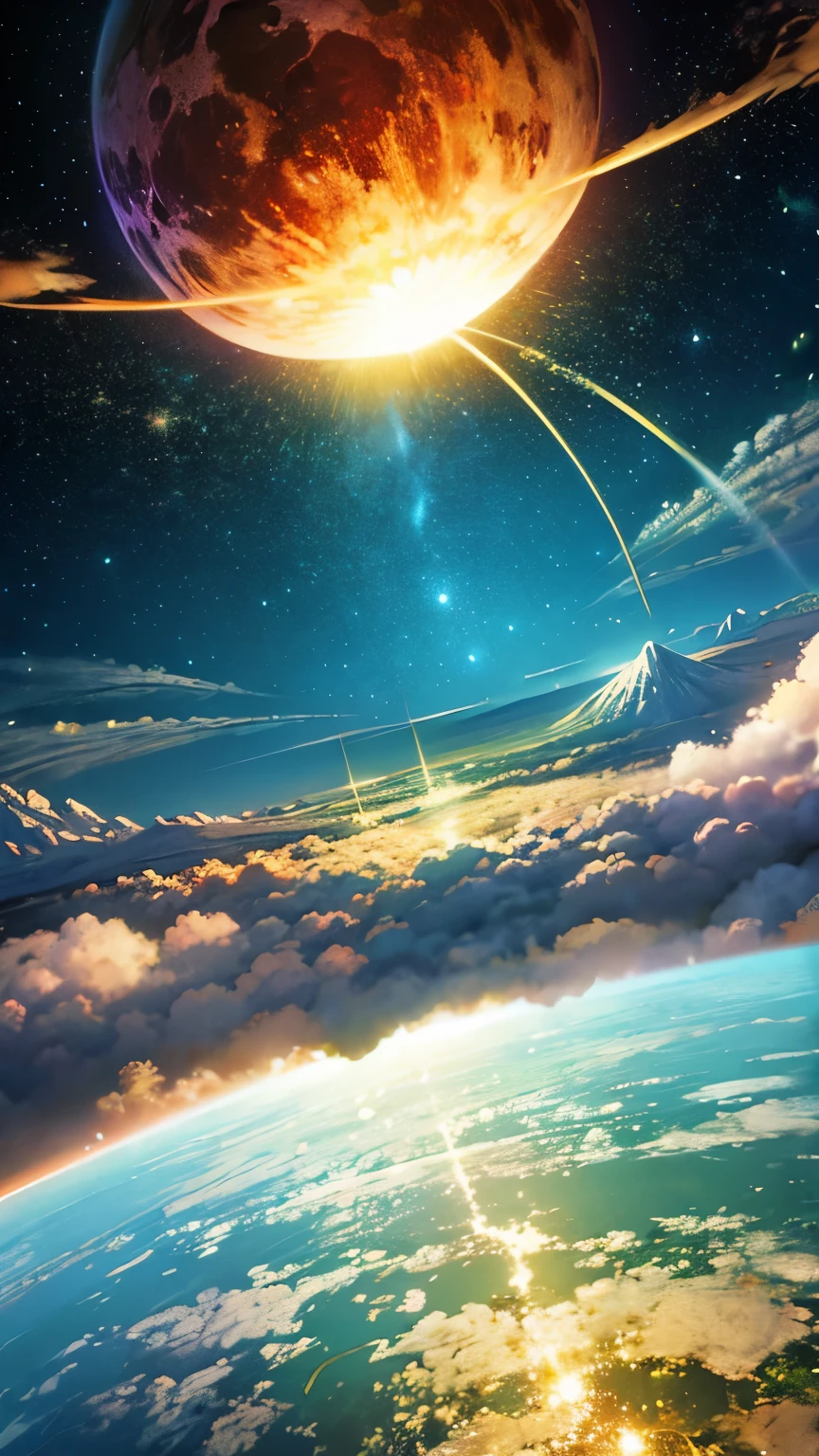 Earth universe meteor The birth of life Beautiful planet Light Lightの柱 explosion green water cloud mysterious high resolution Different world