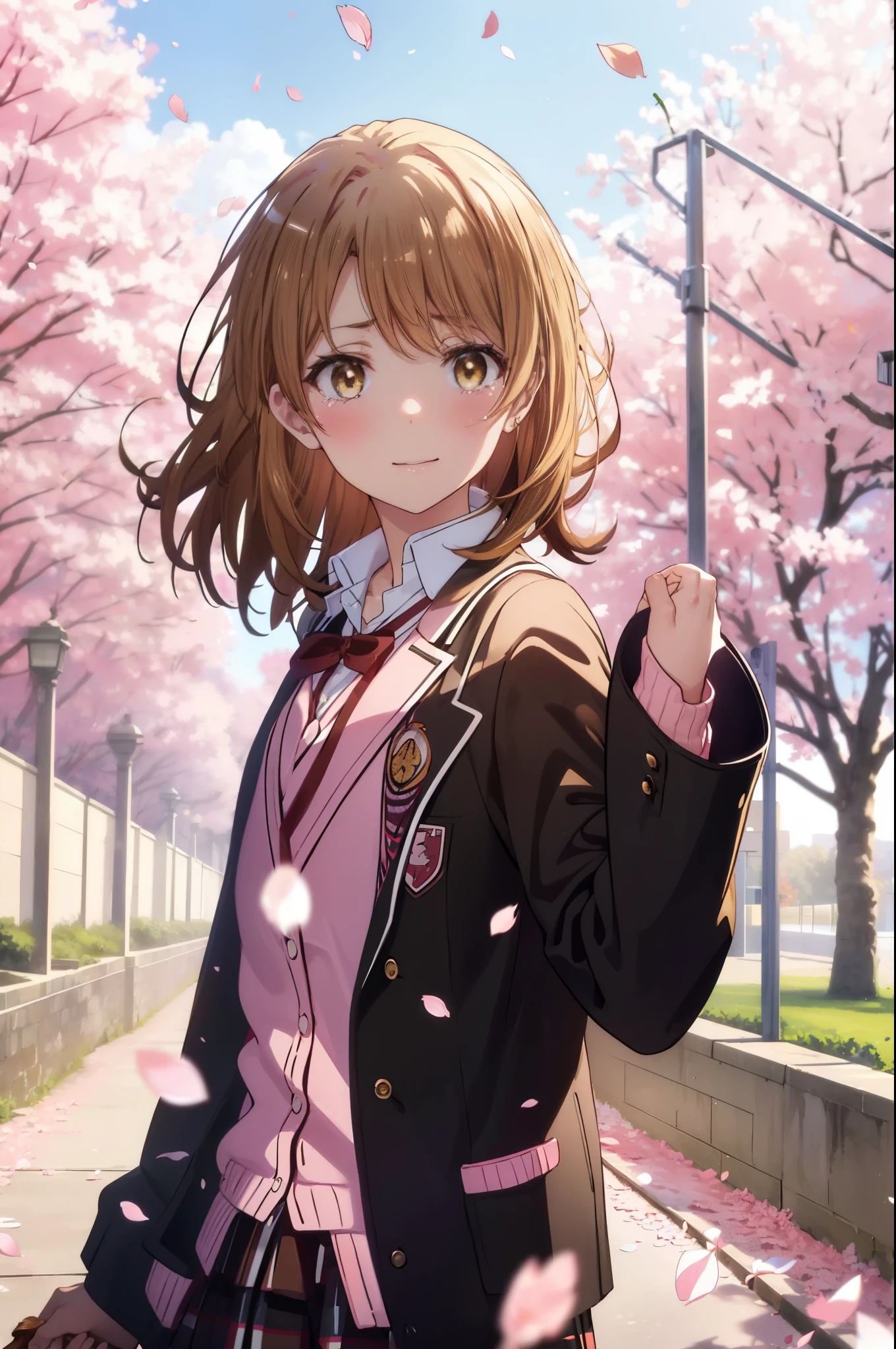 irohaisshiki, iroha isshiki, short hair, brown hair, (brown eyes:1.5), smile,blush,tears run down her face,Crying with joy,holding a bouquet with both hands,Cherry blossoms are scattered,
break skirt, shirt, ribbon, school uniform, Jacket, white shirt, closed clothes, socks, open Jacket, black Jacket, plaid,, plaid skirt, blazer, cardigan, black socks, pink cardigan, sobu high school uniform,graduation ceremony,brown loafers,
break outdoors, In front of the school　Cherry blossom trees,
break looking at viewer,(cowboy shot:1. 5)
break (masterpiece:1.2), highest quality, High resolution, unity 8k wallpaper, (figure:0.8), (detailed and beautiful eyes:1.6), highly detailed face, perfect lighting, Very detailed CG, (perfect hands, perfect anatomy),