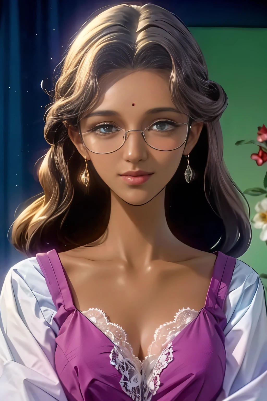 (masterpiece, best quality:1.2),long hair，Eyes are exquisite and exquisite,Exquisite white hair color，Pink lace suspender dress，glowing skin，dark skin，indian princess，wear glasses ，earrings，pastel tones，（（（masterpiece）））， （（best quality））， （（intricate details））， （（Surreal））