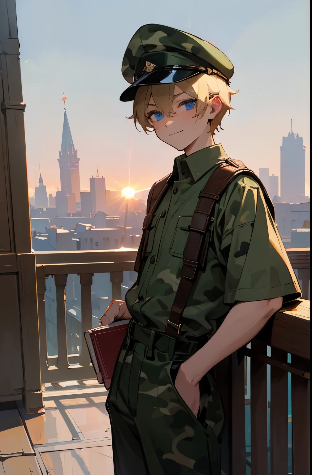Masterpiece, Best Quality, extremly detailed, Cinematic lighting, intricate detials, hight resolution, official arts, finely detailed beautiful face and eyes, high-resolution illustration, 8K, dark intense shadows, 1boy, ash-blond hair, blue eyes, patrol cap, camouflage green short-sleeved shirt, dark camouflage green trousers, smile, closed mouth, small red book in hand, winter, bridge, gray sky, sun rays, Moscow on the background