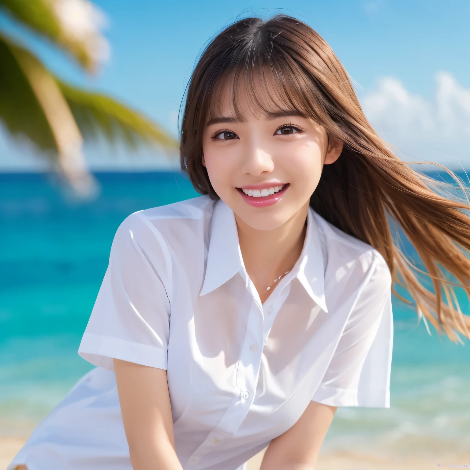 ((highest quality、table top、8k、best image quality、extremely complex and detailed depiction))、(1 person photo:1.1)、(look at me with the best smile:1.2)、(beautiful beach:1.05)、(fully expose the chest:1.1)、(White polyester high school uniform with short sleeve collared shirt worn unbuttoned.:1.2)、(White polyester collared short sleeve shirt:1.2)、(huge breasts stretched out:1.2)、(emphasize body line:1.2)、The most natural and perfect tropical sea background、cleavage、(close up of face:1.2)、glamorous body、hair swaying in the wind、sandy beach、beautiful sea、The most transparent sparkling sea、Complex sea glow、The most detailed and realistic sea、deserted island sea、beautiful seaの詳細が描かれています、Brightly lit face、Ultra high definition beauty face、(Super high resolution perfect beautiful teeth:1.1)、ultra high definition hair、Super high-definition sparkling eyes、(Pure white skin shining in ultra-high resolution:1.1)、Super high resolution glossy lips、(The cutest gravure pose:1.1)、(very bright and vivid:1.2)、(very bright:1.2)、(very refreshing:1.2)、(glowing skin:1.2)、blurred background