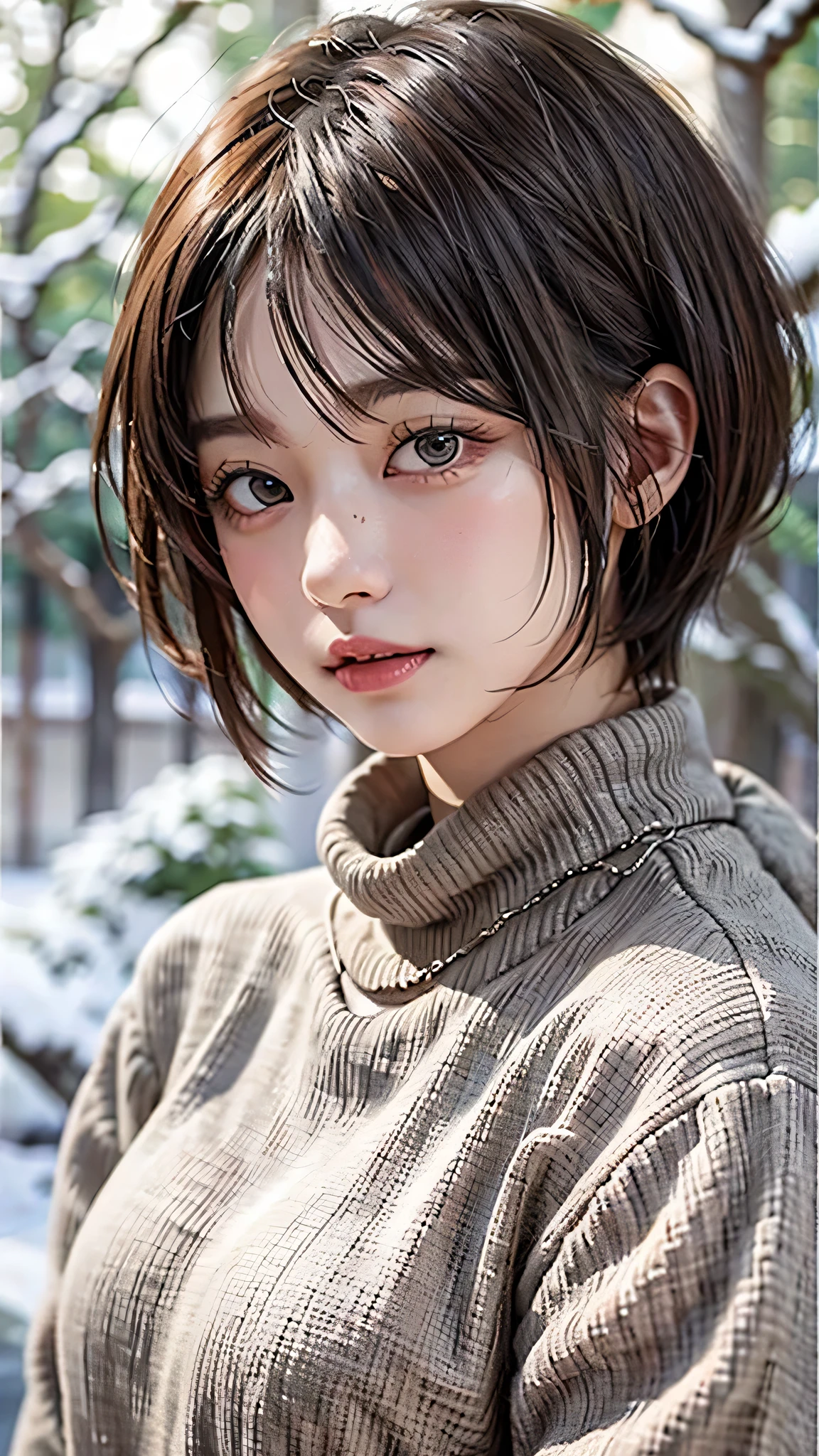 in the snowy forest, japanese girl, wniter knit sweater, snowing, pupils sparkling, brown short hair, middle breast, realistic Portrait, depth of field, f/1.8, anatomically correct, textured skin, super detail, high details, high quality, super detail, high details, high quality, best quality, highres