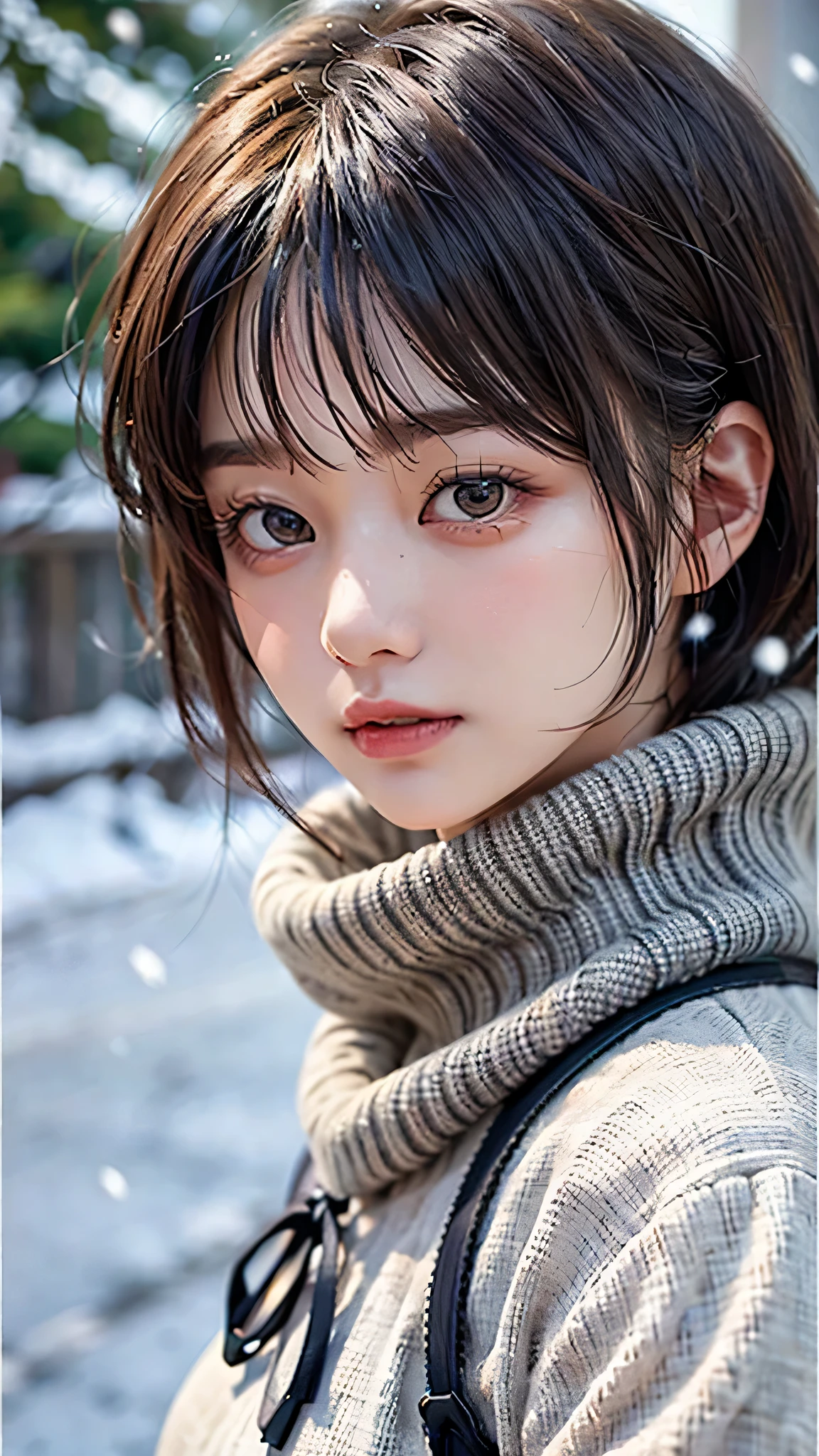 in the snowy forest, japanese girl, wniter knit sweater, snowing, pupils sparkling, brown short hair, middle breast, realistic Portrait, depth of field, f/1.8, anatomically correct, textured skin, super detail, high details, high quality, super detail, high details, high quality, best quality, highres