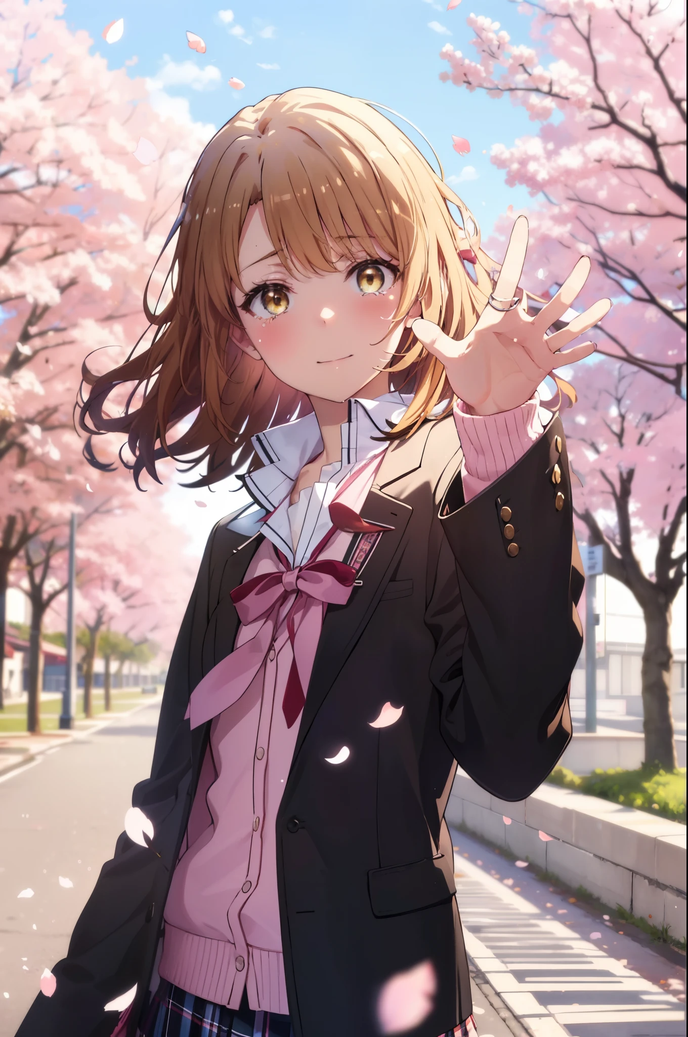 irohaisshiki, iroha isshiki, short hair, brown hair, (brown eyes:1.5), smile,blush,tears run down her face,Crying with joy,左手はribbon結びしている髪を持っている,Cherry blossoms are scattered,
break skirt, shirt, ribbon, school uniform, Jacket, white shirt, closed clothes, socks, open Jacket, black Jacket, plaid,, plaid skirt, blazer, cardigan, black socks, pink cardigan, sobu high school uniform,graduation ceremony,brown loafers,
break outdoors, In front of the school Cherry blossom trees,
break looking at viewer,(cowboy shot:1. 5)
break (masterpiece:1.2), highest quality, High resolution, unity 8k wallpaper, (figure:0.8), (detailed and beautiful eyes:1.6), highly detailed face, perfect lighting, Very detailed CG, (perfect hands, perfect anatomy),