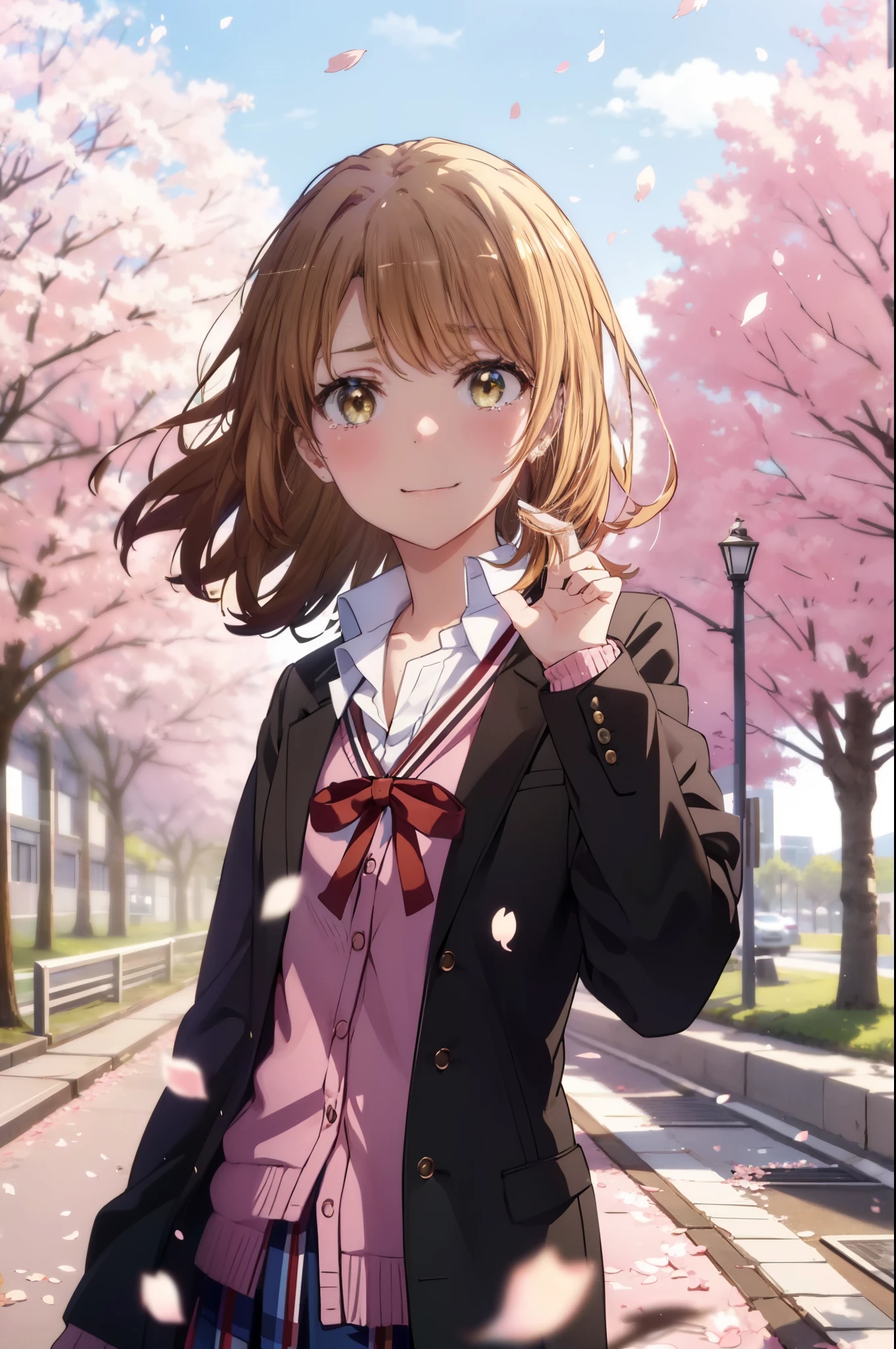 irohaisshiki, iroha isshiki, short hair, brown hair, (brown eyes:1.5), smile,blush,tears run down her face,Crying with joy,左手はribbon結びしている髪を持っている,Cherry blossoms are scattered,
break skirt, shirt, ribbon, school uniform, Jacket, white shirt, closed clothes, socks, open Jacket, black Jacket, plaid,, plaid skirt, blazer, cardigan, black socks, pink cardigan, sobu high school uniform,graduation ceremony,brown loafers,
break outdoors, In front of the school Cherry blossom trees,
break looking at viewer,(cowboy shot:1. 5)
break (masterpiece:1.2), highest quality, High resolution, unity 8k wallpaper, (figure:0.8), (detailed and beautiful eyes:1.6), highly detailed face, perfect lighting, Very detailed CG, (perfect hands, perfect anatomy),