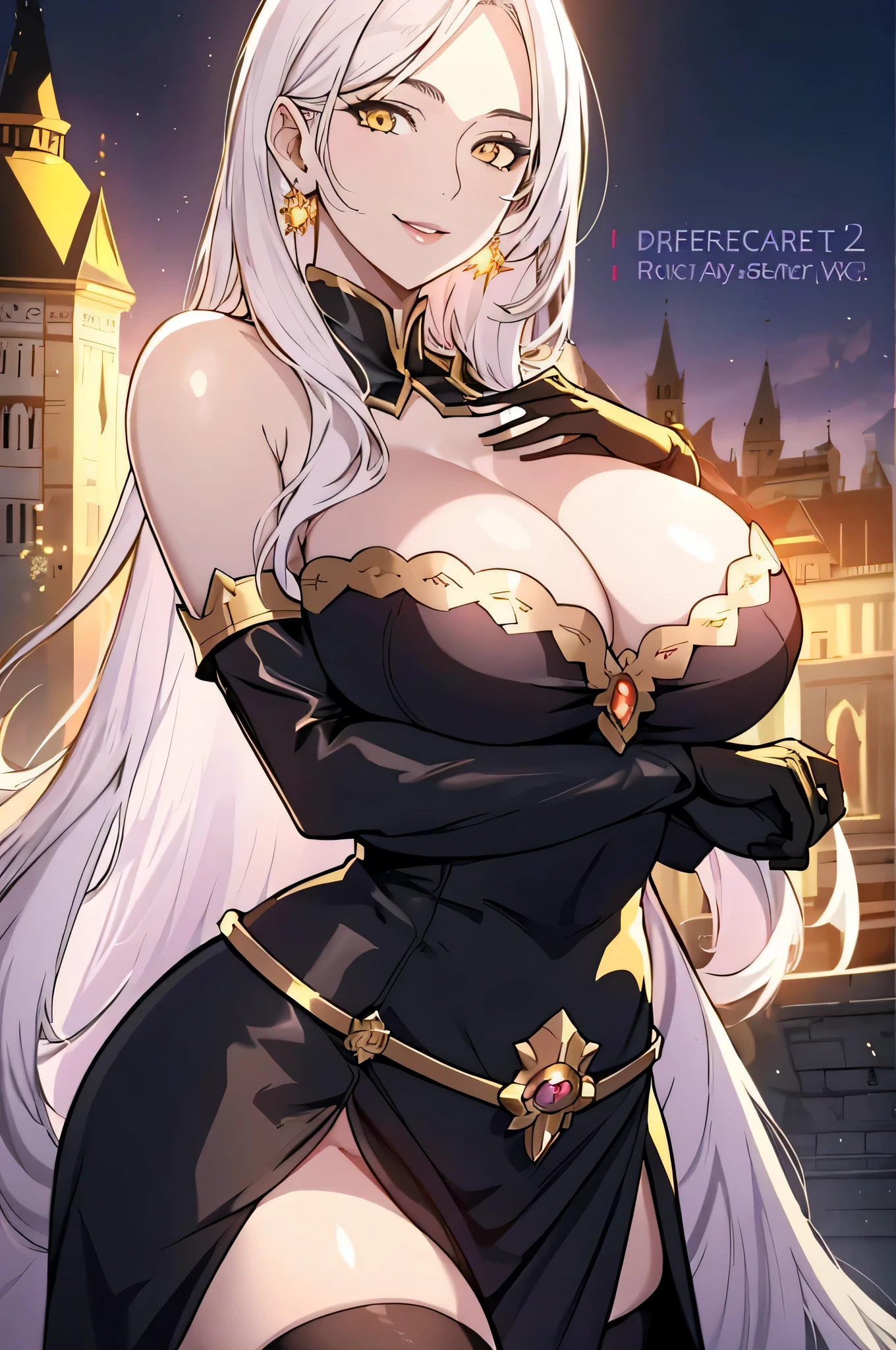 Lian, long white hair, hair stick, bangs, yellow eyes, solo, smiling, standing, upper body, hips, bare shoulders,purple thighhighs, black dress, gold jewelry,armor,gloves,circlet, cleavage, red and gold royal castle, gigantic breasts, (best quality, masterpiece, beautiful and aesthetic:1.2, highest detailed face, perfect face,) eyes, perfect face,expressive eyes,
looking at viewer, in the center of the image,(Upper_body),(Focus on her face),
official art,extremely detailed CG unity 8k wallpaper, perfect lighting,Colorful, Bright_Front_face_Lighting,shiny skin,
(masterpiece:1.0),(best_quality:1.0), ultra high res,4K,ultra-detailed