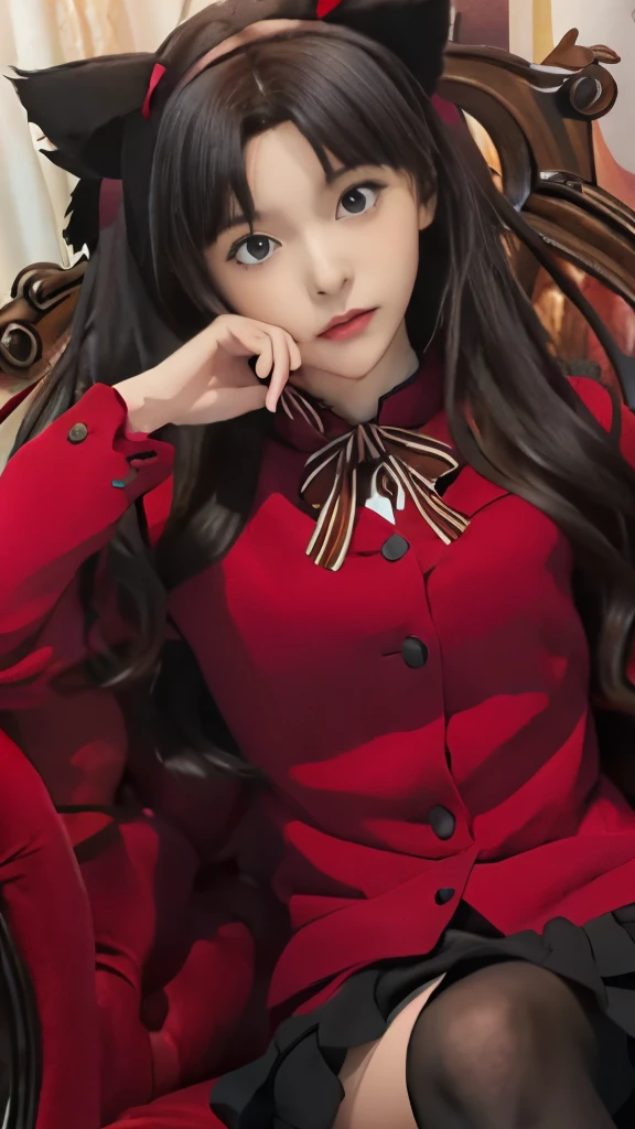 a woman sitting in a chair with a cat ears on her head, rin tohsaka, satoshi kon artstyle, satoshi kon anime, style of satoshi kon, rumiko, gapmoe yandere, nico robin, shuushuu anime image, inspired by Satoshi Kon, anime visual of a young woman, umineko, anime cover