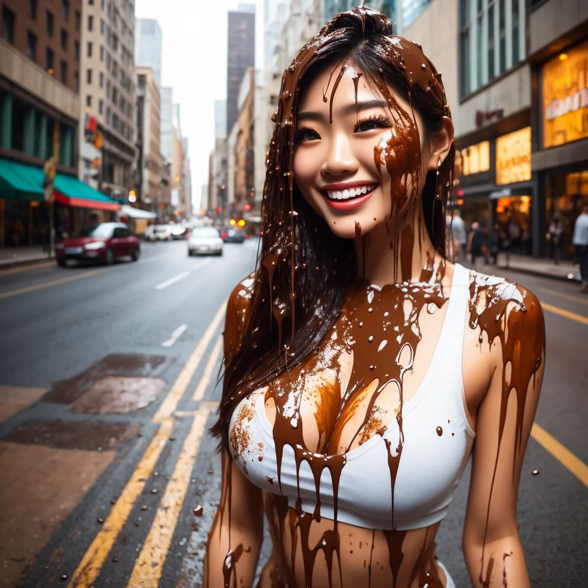Beautiful Asian woman, covered in chocolate pudding, extreme realism, mascara, lipstick, soft lighting, body covered in syrups, cleavage, portrait photograph, bokeh, city streets in background, wearing white tank top, sexy alluring, dripping liquid chocolate, liquid physics render, visible skin texture, extremely textured skin