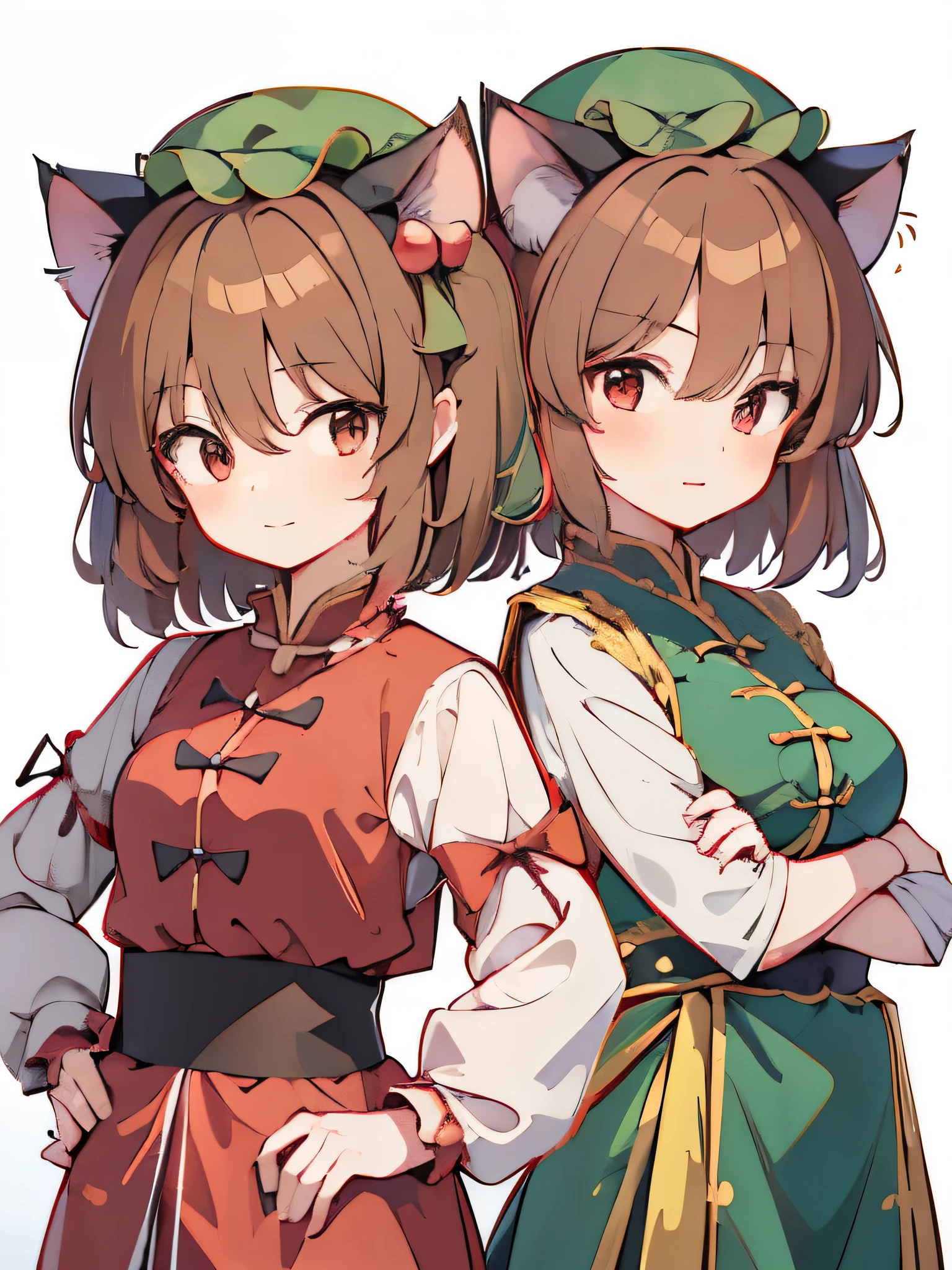 masterpiece, highest quality, very detailed, anime, (2 girls),(((Chen))),(((desire to project))),(((ninja costume))),kunoichi,red costume,cat girl,(brown short hair),cute,smile,