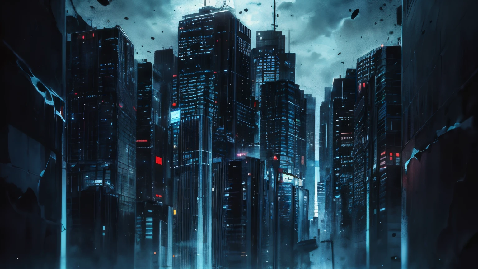 ((Masterpiece)), ((best quality)), (Anime:1.3), (High Definition), (Professional Photography:1.2), (abstract art:1.5), (High resolution), (watercolor painting:1.3), (deep blue), wide shot, (Cold atmosphere), raindrop, water droplets, (rainy day), (simple black background:1.7), ((skyscrapers)),