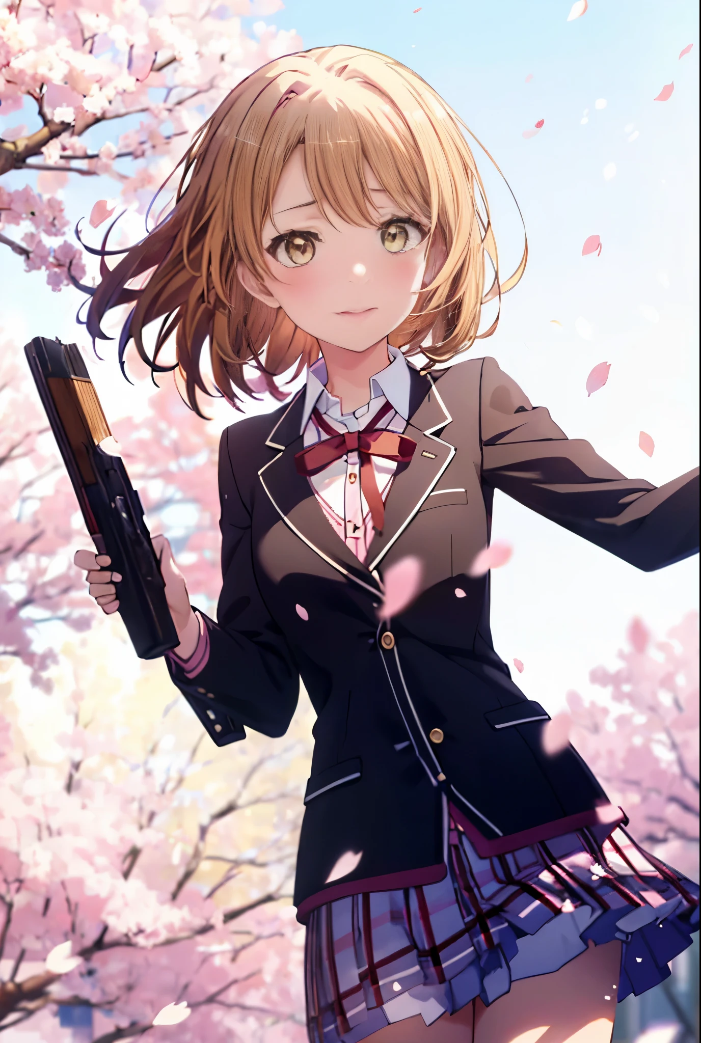 irohaisshiki, iroha isshiki, short hair, brown hair, (brown eyes:1.5), smile,blush,tears run down her face,Crying with joy,holding a bouquet with both hands,Cherry blossoms are scattered,
break skirt, shirt, ribbon, school uniform, Jacket, white shirt, closed clothes, socks, open Jacket, black Jacket, plaid,, plaid skirt, blazer, cardigan, black socks, pink cardigan, sobu high school uniform,graduation ceremony,brown loafers,
break outdoors, In front of the school　Cherry blossom trees,
break looking at viewer,(cowboy shot:1. 5)
break (masterpiece:1.2), highest quality, High resolution, unity 8k wallpaper, (figure:0.8), (detailed and beautiful eyes:1.6), highly detailed face, perfect lighting, Very detailed CG, (perfect hands, perfect anatomy),