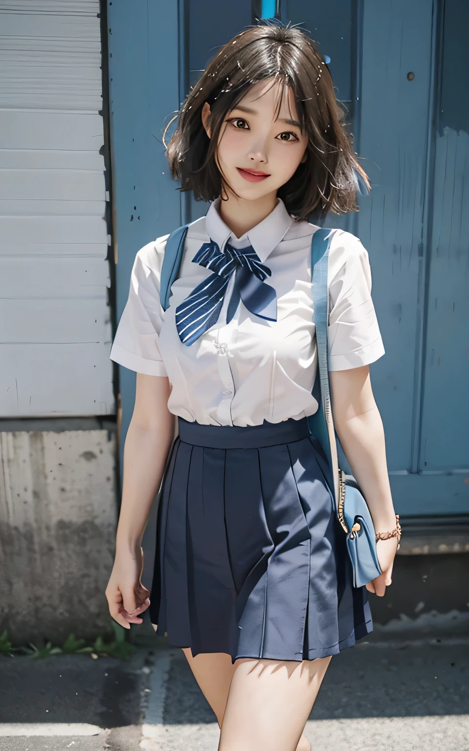 shoot bob hair、high school girl、(((summer clothes)))、white shirt、blue striped tie、short sleeve、Dark blue prill skirt、walk、Student bag tote bag in hand、8head and body、in the streets、sidewalk、Keyaki Street、short wavy hair、small head、pale pink lips、smile、happiness、small breasts、small hips、slender body