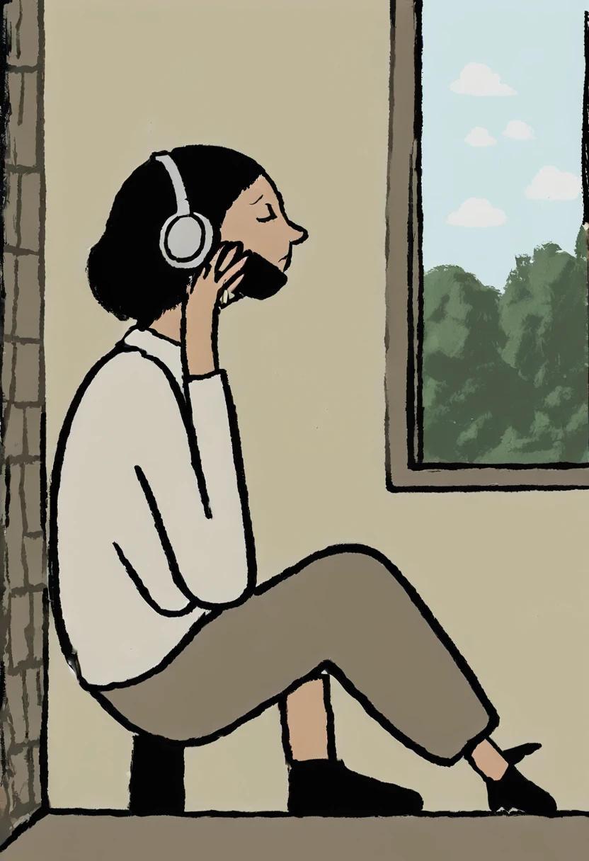 Graffiti Comic, Sad lofi girl wearing headphones looking out the window，playing with mouse。There is a painting of serenity on the background wall