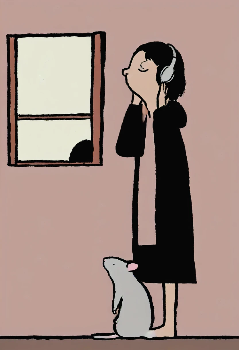 Graffiti Comic, Sad lofi girl wearing headphones looking out the window,playing with mouse。There is a painting of serenity on the background wall