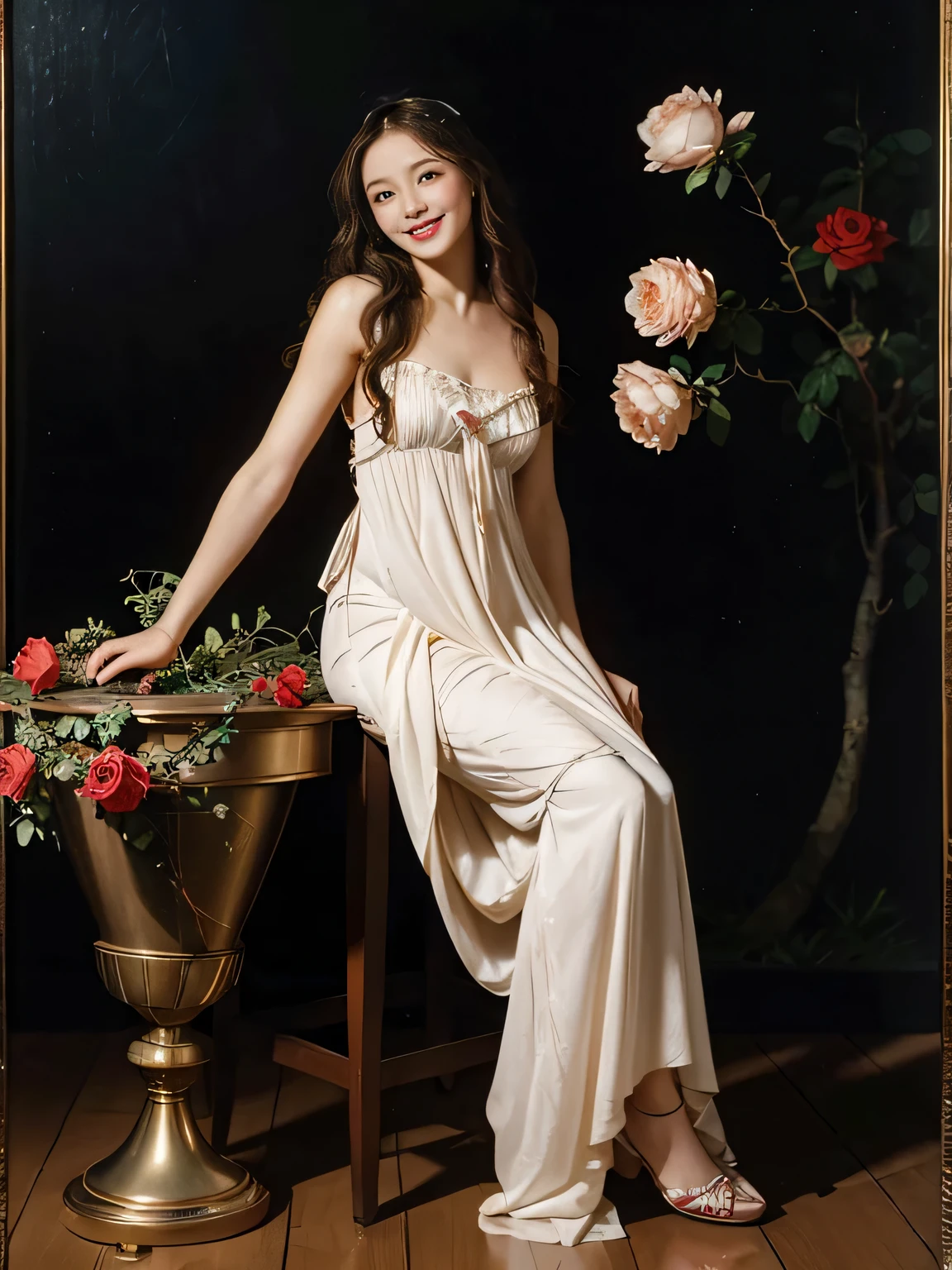 full body portrait or statue、Vigée Leblanc style、math、astronomical machine、astronaut、roses in vase、fruits、Cute trinkets、smile、ancient greek costume、Sandro Botticelli paintings、Clothes that stretch your shoulders、A big smile、expression of ecstasy、sexy、beautiful bare skin、A detailed representation of the seducing woman throughout her body.