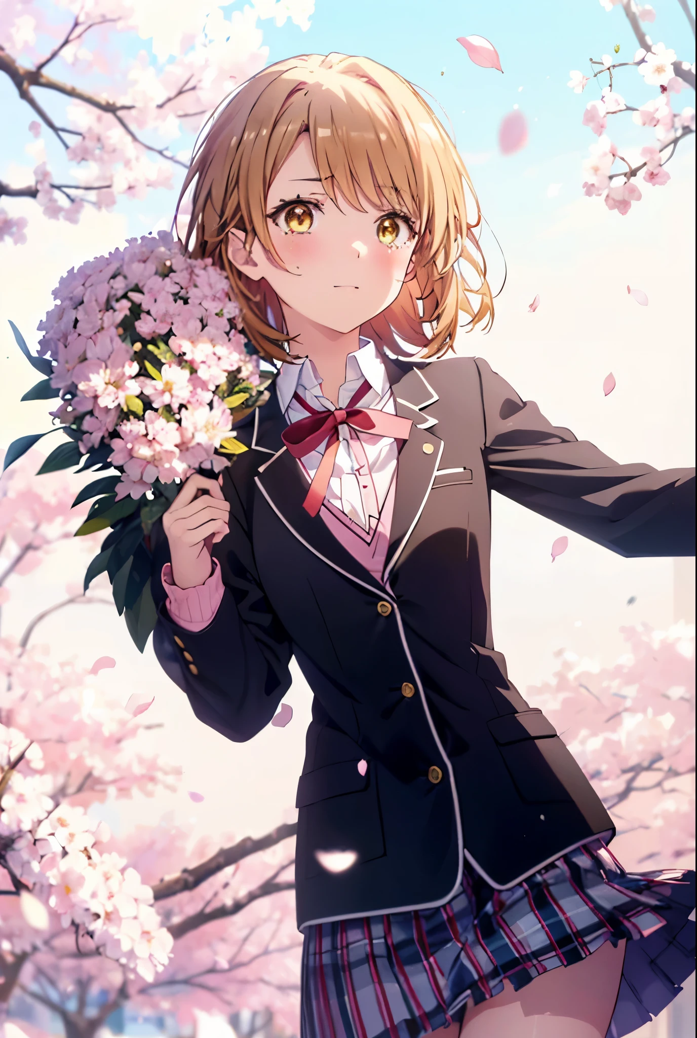 irohaisshiki, iroha isshiki, short hair, brown hair, (brown eyes:1.5), smile,blush,tears run down her face,Crying with joy,holding a bouquet with both hands,Cherry blossoms are scattered,
break skirt, shirt, ribbon, school uniform, Jacket, white shirt, closed clothes, socks, open Jacket, black Jacket, plaid,, plaid skirt, blazer, cardigan, black socks, pink cardigan, sobu high school uniform,graduation ceremony,brown loafers,
break outdoors, In front of the school Cherry blossom trees,
break looking at viewer,(cowboy shot:1. 5)
break (masterpiece:1.2), highest quality, High resolution, unity 8k wallpaper, (figure:0.8), (detailed and beautiful eyes:1.6), highly detailed face, perfect lighting, Very detailed CG, (perfect hands, perfect anatomy),