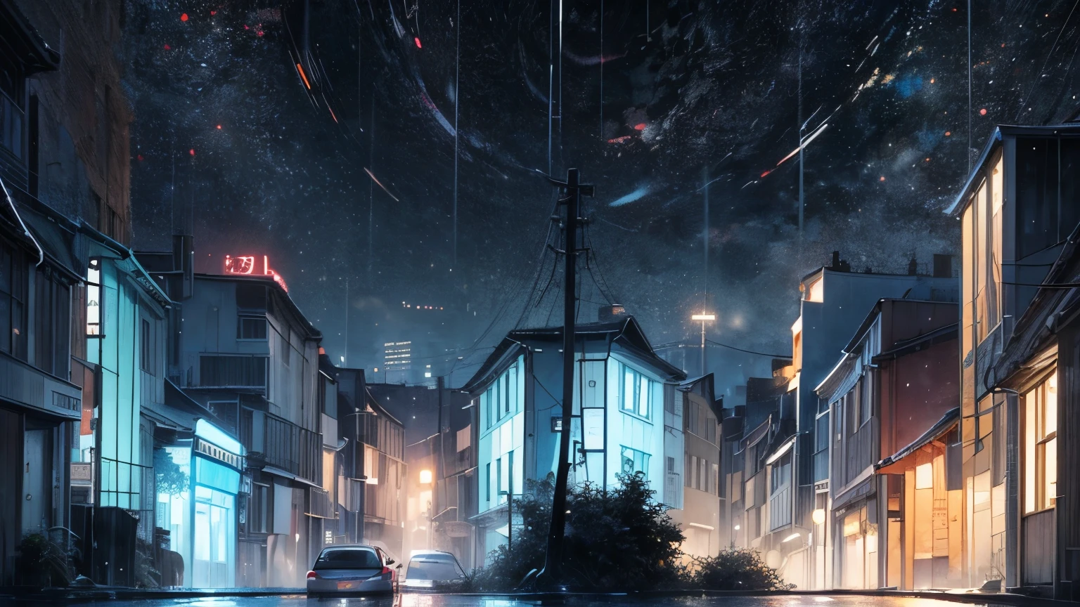 ((Masterpiece)), ((best quality)), (Anime:1.3), (High Definition), (Professional Photography:1.2), (abstract art:1.5), (High resolution), (watercolor painting:1.3), (pale blue), wide shot, (Cold atmosphere), raindrop, water droplets, (rainy day), (simple black background:1.7), ((Cityscape)),
