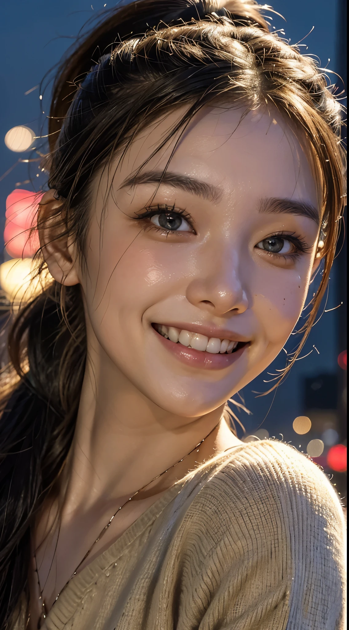1 girl, tokyo street,night, cityscape,city lights, ((face close up:1.5)),((smiling showing teeth)),((Ponytail and Hair Tie))close, 8k, RAW photo, highest quality, masterpiece,realistic, photo-realistic,