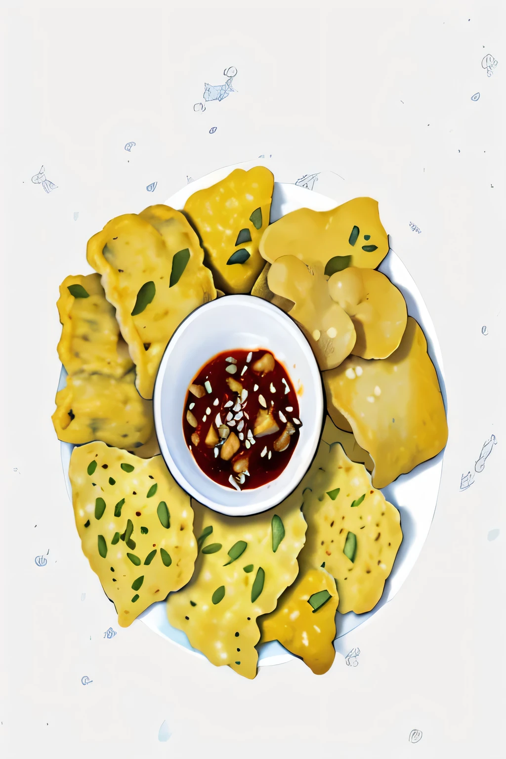 a plate of soy tempeh with chili sauce on it, chips, food, chips png and psd, mapo tofu cartoon, luscious patty with sesame seeds, luscious with sesame seeds, super realistic food picture, silk, food particles, inspired by Luo Ping, inspired by Cao Zhibai, chinese watercolor style, inspired by Gu An, high quality food photography, yum