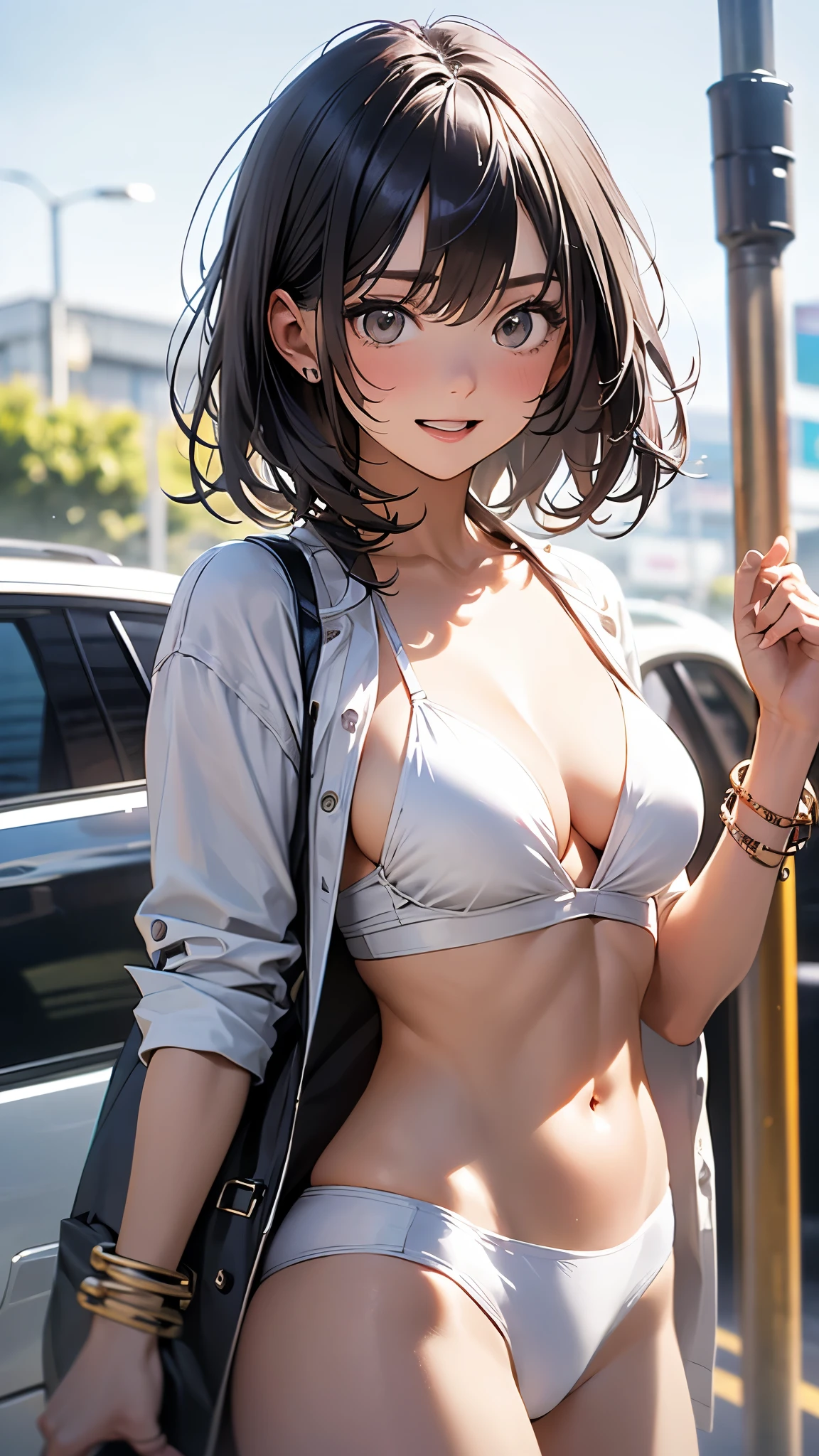 (highest quality、High resolution:1.2、Super detailed)、Short cut gray hair girl、She is 20 years old、brown skin、wearing a white bikini、Slender muscular body、upper body close-up、colorful bracelet、From the side、fun expression