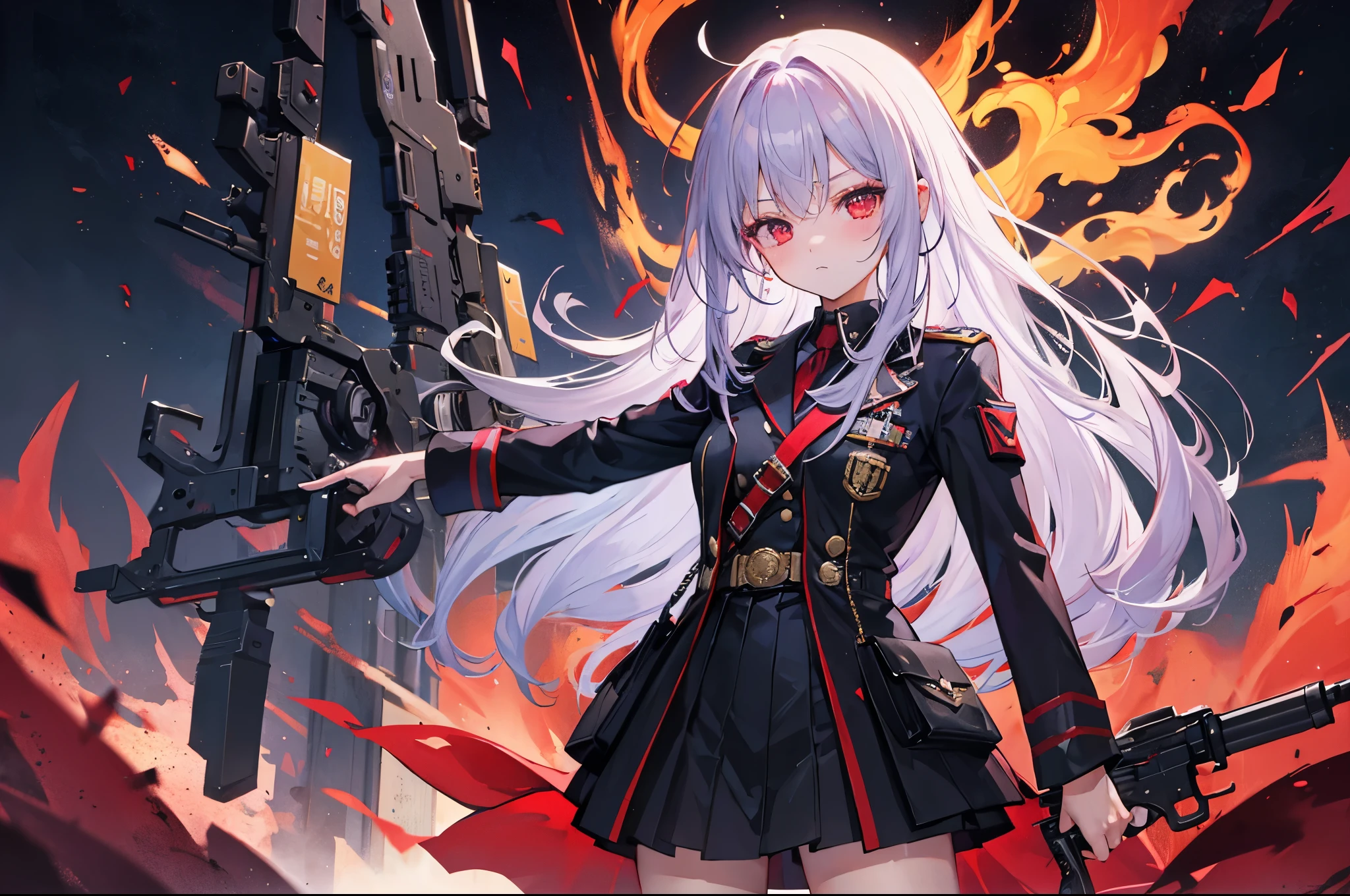Girl, long purple hair, cute, blush, officer, black military coat, prestige, pistol, Xanadu background, red eyes, glowing eyes, incredible, epic, 4k, best quality, movie poster