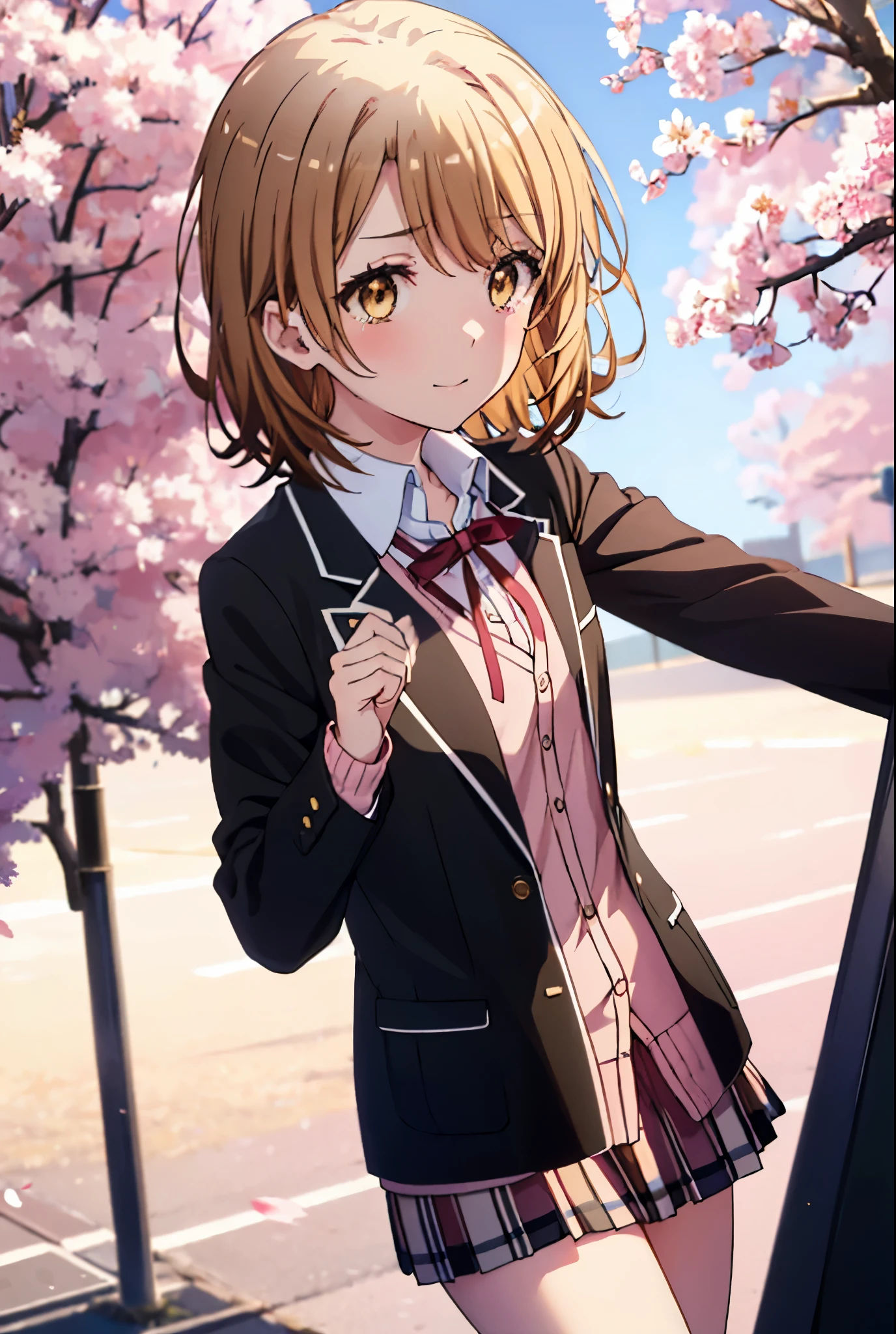 irohaisshiki, iroha isshiki, short hair, brown hair, (brown eyes:1.5), smile,blush,tears run down her face,Keeping your mouth open,Crying with joy,holding a bouquet with both hands,Cherry blossoms are scattered,
break skirt, shirt, ribbon, school uniform, Jacket, white shirt, closed clothes, socks, open Jacket, black Jacket, plaid,, plaid skirt, blazer, cardigan, black socks, pink cardigan, sobu high school uniform,graduation ceremony,brown loafers,
break outdoors, In front of the school Cherry blossom trees,
break looking at viewer,(cowboy shot:1. 5)
break (masterpiece:1.2), highest quality, High resolution, unity 8k wallpaper, (figure:0.8), (detailed and beautiful eyes:1.6), highly detailed face, perfect lighting, Very detailed CG, (perfect hands, perfect anatomy),