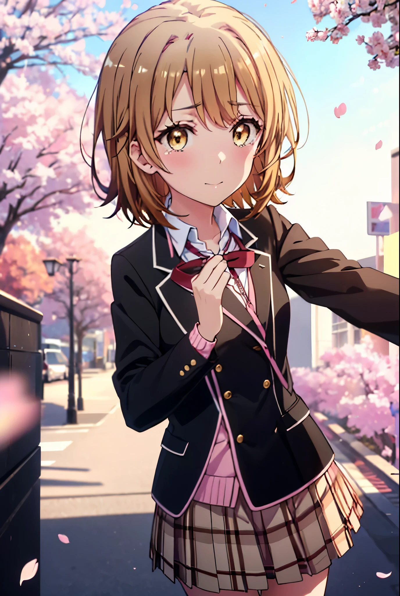 irohaisshiki, iroha isshiki, short hair, brown hair, (brown eyes:1.5), smile,blush,tears run down her face,Keeping your mouth open,Crying with joy,holding a bouquet with both hands,Cherry blossoms are scattered,
break skirt, shirt, ribbon, school uniform, Jacket, white shirt, closed clothes, socks, open Jacket, black Jacket, plaid,, plaid skirt, blazer, cardigan, black socks, pink cardigan, sobu high school uniform,graduation ceremony,brown loafers,
break outdoors, In front of the school Cherry blossom trees,
break looking at viewer,(cowboy shot:1. 5)
break (masterpiece:1.2), highest quality, High resolution, unity 8k wallpaper, (figure:0.8), (detailed and beautiful eyes:1.6), highly detailed face, perfect lighting, Very detailed CG, (perfect hands, perfect anatomy),