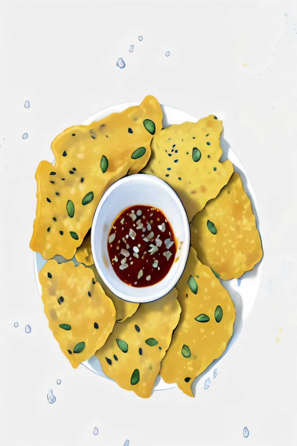 a plate of soy tempeh with chili sauce on it, chips, food, chips png and psd, mapo tofu cartoon, luscious patty with sesame seeds, luscious with sesame seeds, super realistic food picture, silk, food particles, inspired by Luo Ping, inspired by Cao Zhibai, chinese watercolor style, inspired by Gu An, high quality food photography, yum