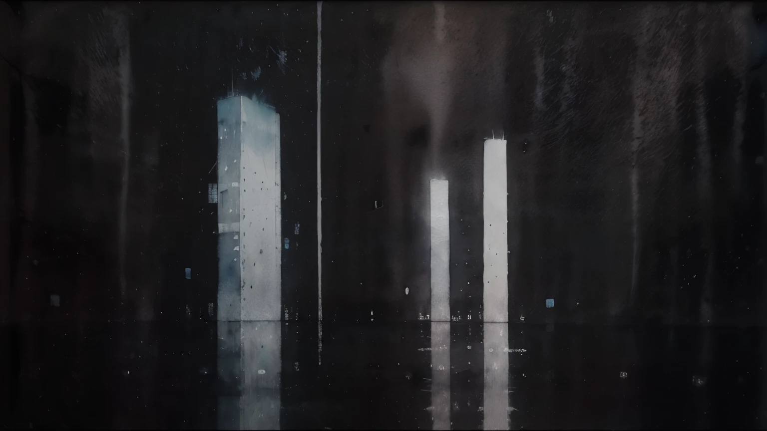 ((Masterpiece)), ((best quality)), (Anime:1.3), (High Definition), (Professional Photography:1.2), (abstract art:1.5), (High resolution), from side, (watercolor painting:1.3), (pale blue), wide shot, (Cold atmosphere), raindrop, water droplets, (rainy day), (simple black background:1.7), ((Cityscape)),