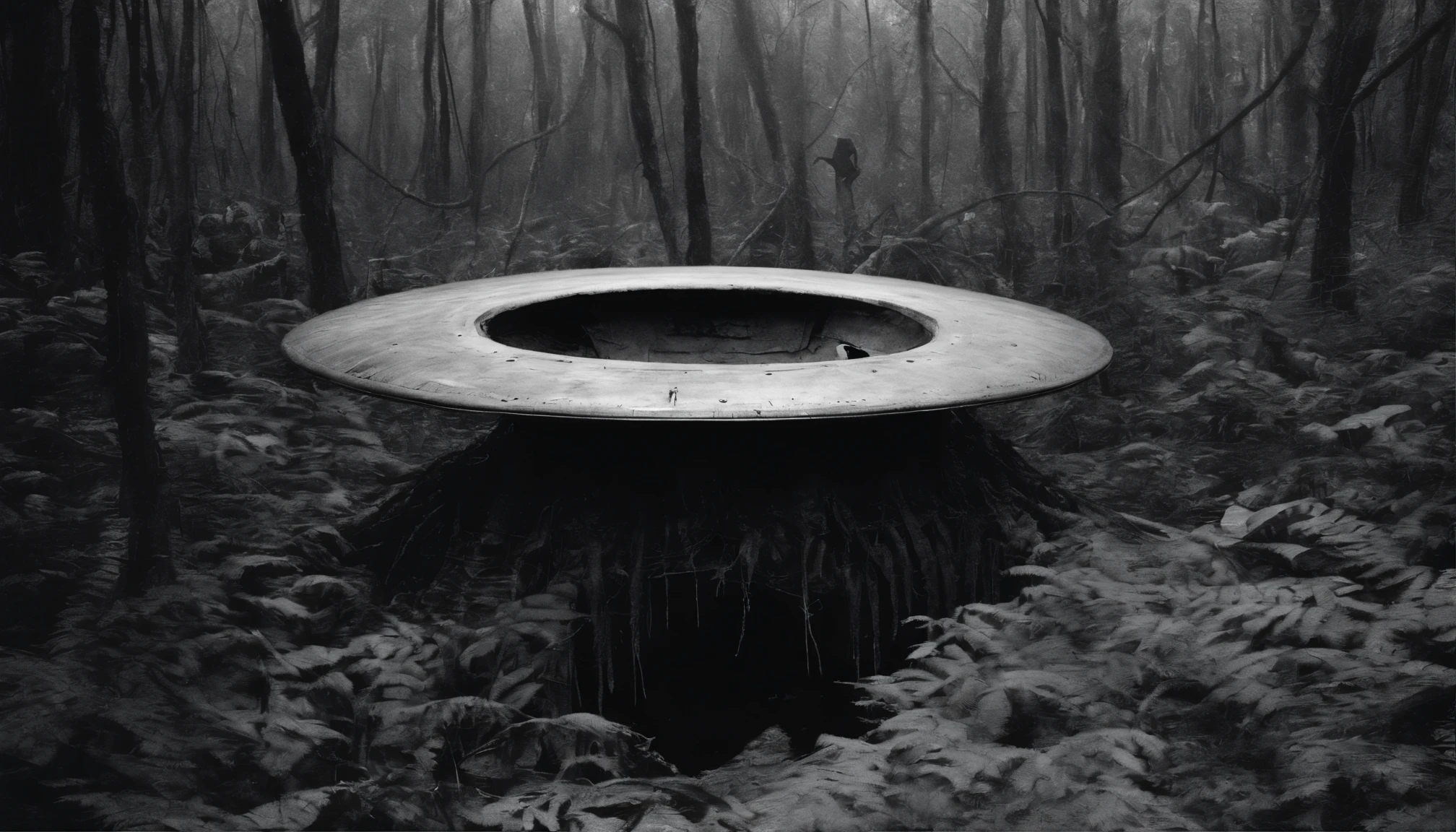 1970s, forgotten UFO FLYING SAUCER crash site in Oaxaca's mangrove jungle, vintage b&w analog photo. A vast, otherworldly saucer, ensnared by jungle life, iguanas and exotic reptiles emerge from its shadowy interior. Ethereal figure glides towards the lens from the wreckage, blurring the line between the known and the mysterious. Lush vegetation intertwines with the craft, a stark contrast to the spectral visitor. Film grain, aged and damaged film effect, capturing a moment frozen in time, with a haunting, liminal ambiance