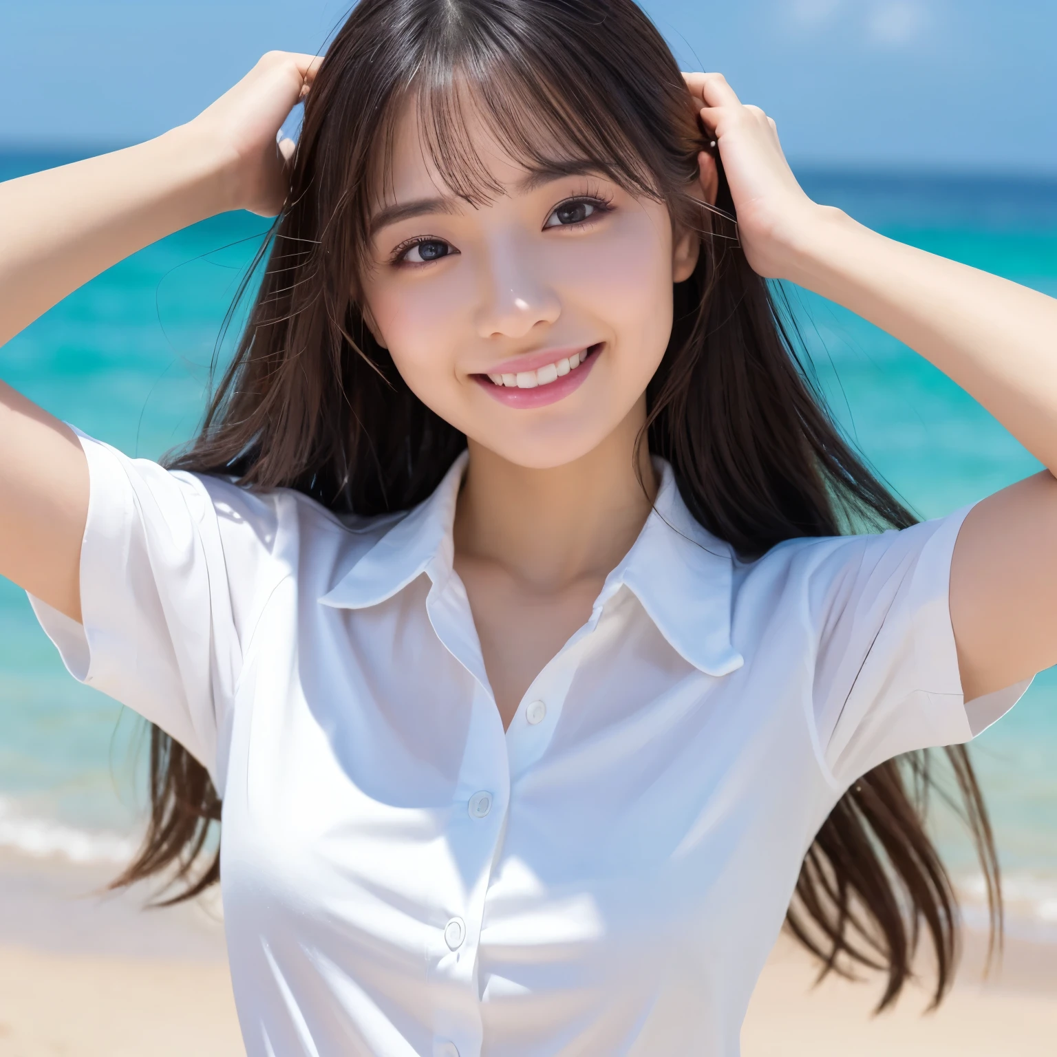 ((highest quality、table top、8k、best image quality、extremely complex and detailed depiction))、(1 person photo:1.1)、(look at me with the best smile:1.1)、(beautiful beach:1.1)、(Exposing bare breasts:1.1)、(White polyester high school uniform short-sleeved collared shirt worn with all buttons undone.:1.1)、(Open all the buttons on the perfect collared shirt:1.1)、emphasize body line、The most natural and perfect sea background、最も澄んだbeautiful sea、very soft cleavage、(close up of face:1.2)、glamorous body、hair swaying in the wind、sandy beach、beautiful sea、The most transparent sparkling sea、Complex sea glow、The most detailed and realistic sea、beautiful seaの詳細が描かれています、(very brightly lit face:1.2)、Ultra high definition beauty face、(Super high resolution perfect beautiful teeth:1.1)、ultra high definition hair、Super high-definition sparkling eyes、(Pure white skin shining in ultra-high resolution:1.2)、Super high resolution glossy lips、The cutest gravure pose、(very bright and vivid:1.2)、(very bright:1.2)、(very refreshing:1.1)、(Shining white beautiful skin:1.2)、(very strong exposure:1.2)、(Pure white skin that shines very brightly:1.2)、(very strong highlights:1.2)、(very bright and glowing skin:1.2)、blurred background
