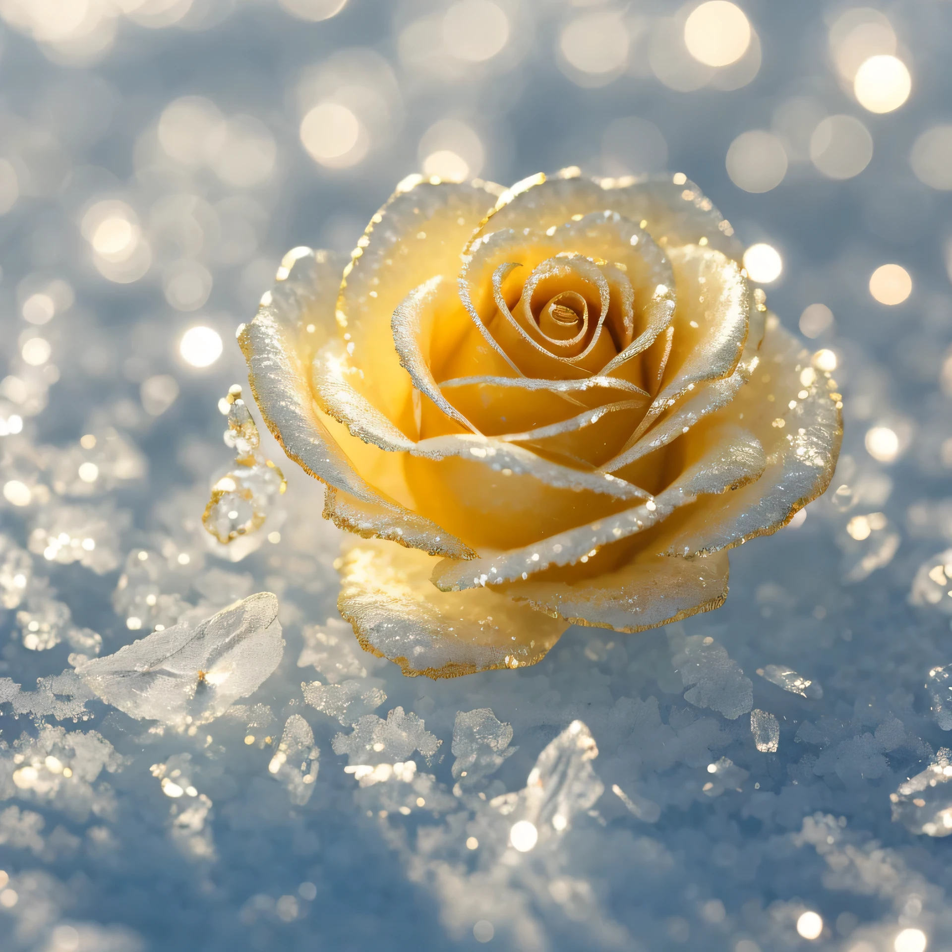 winter morning，frost, gold, Rose petal, frozen,Crystal material, dramatic lighting, photorealism, Super detailed, 4k, depth of field, High resolution